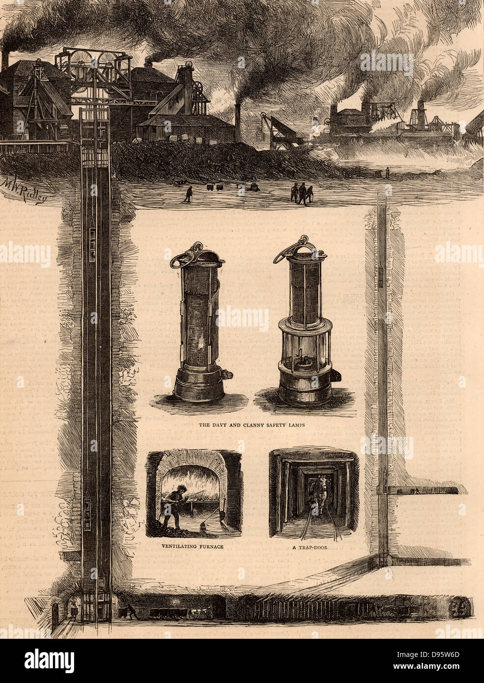Seaham Colliery, County Durham, Inghilterra, che mostra la marcia di testa al di sopra dell'albero, e lavorare in un carbone attivo cucitura. La centrale di vignette illustrano due modelli di minatore della lampada, il Davy, sinistra, che è stato il più popolare e il Clanny. Al di sotto di un ragazzo è il funzionamento del forno ventillating che ha creato un progetto per il funzionamento, evitando un accumulo di fire-umido (metano). Sulla destra un pit pony tirando i carri ha appena fatto passare attraverso una trappola porta, un altro dispositivo di controllo ventillation. Incisione da 'La grafica' (Londra, 28 gennaio 1871). Foto Stock