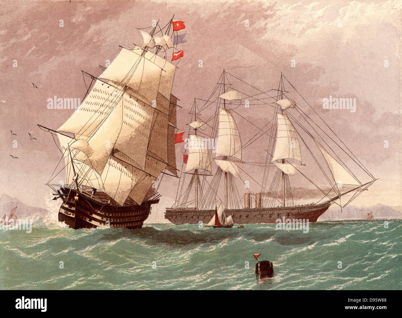 Legno e ferro. La nave a vapore "HMS Warrior' la prima corazzata nave da  guerra nella marina britannica, lanciato nel 1861, e di uno dei vecchi in  legno navi a vela. Chromolithograph