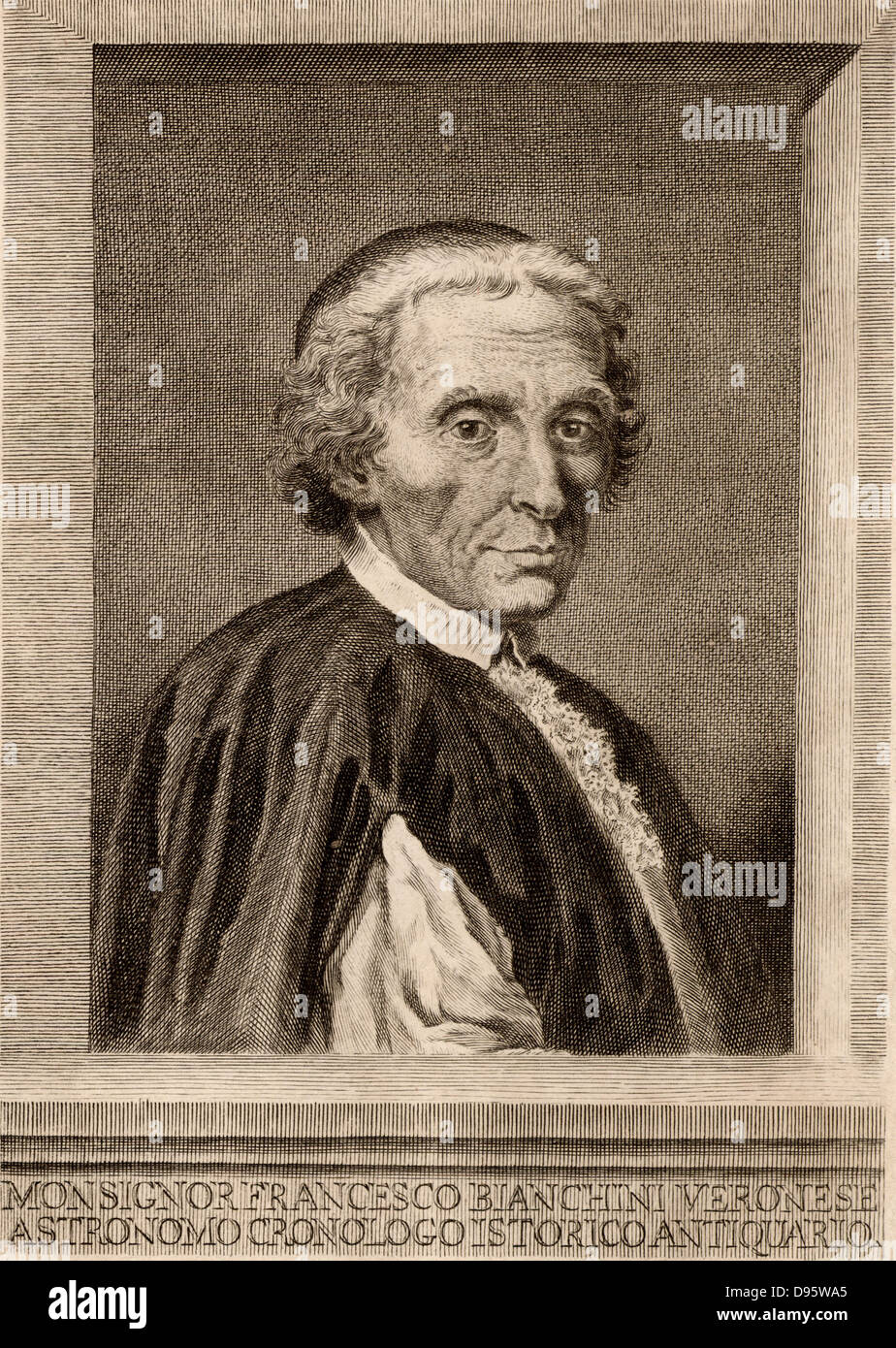 Francesco Bianchini (1662-1729) astronomo italiano. Istituito un osservatorio di Albano e ha lavorato alla riforma del calendario su commissione di papa Clemente X1. Incisione su rame. Foto Stock