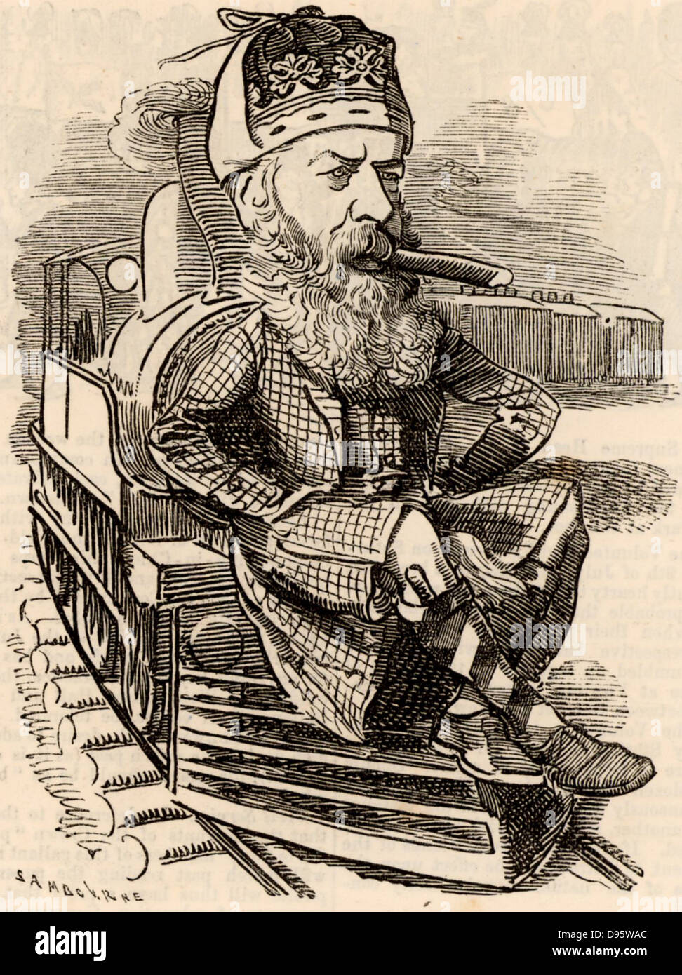 George Granville William Sutherland-Leveson-Gower, 3° duca di Sutherland (1828-1882), British aristocratico, riuscito per il suo titolo nel 1861. Sutherland la finitura di una maratona di viaggio ferroviario in America. Cartone animato da Edward Linley Sambourne nel punzone voglia di serie dei ritratti da "punzone" (Londra, 9 luglio 1881). Foto Stock
