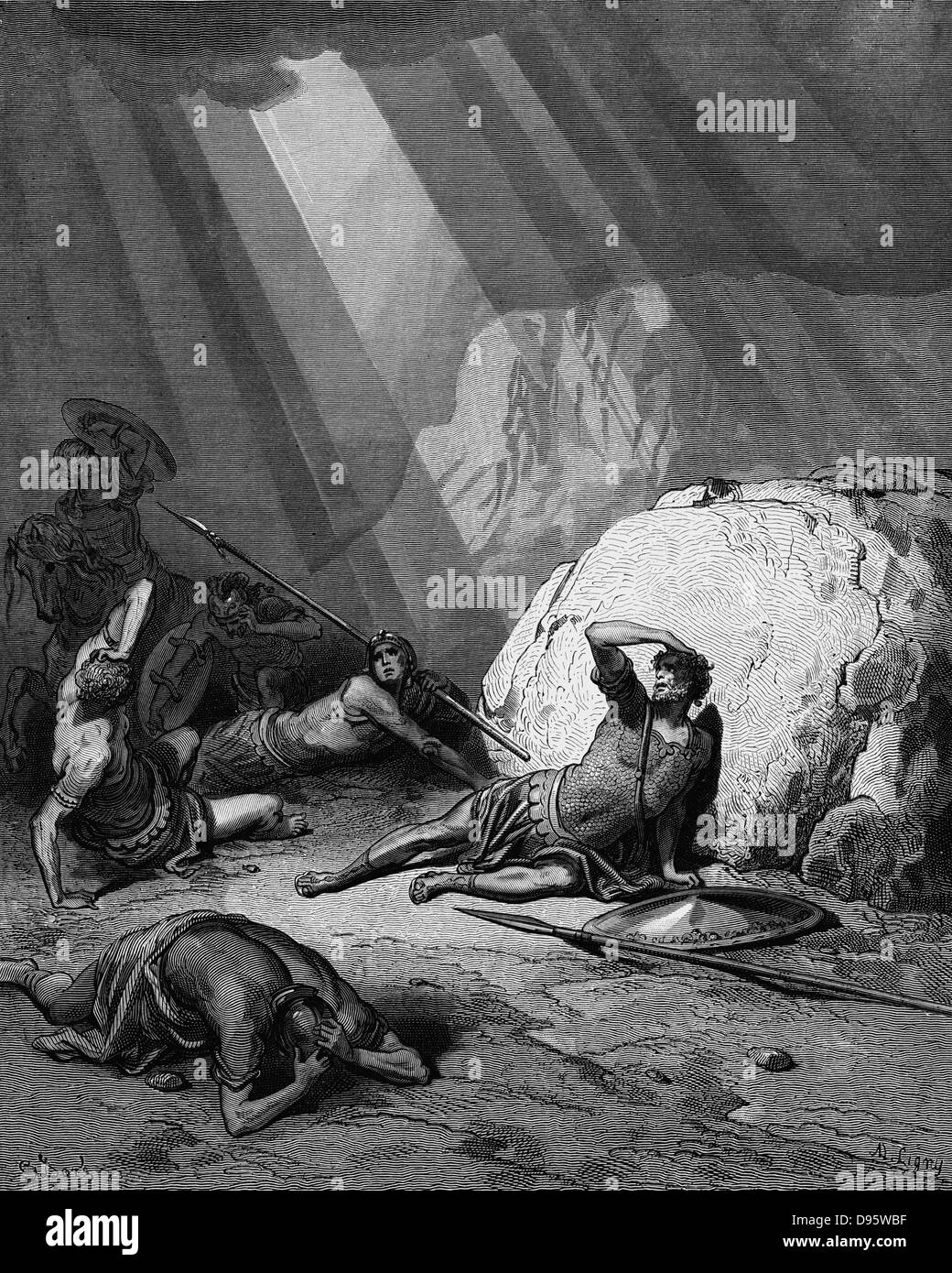 La conversione di san Paolo sulla via di Damasco. Atti 9. Da Gustave Dore "bibbia" 1865-1866. Incisione su legno. La potenza di Dio è raffigurato come un albero di luce. Foto Stock