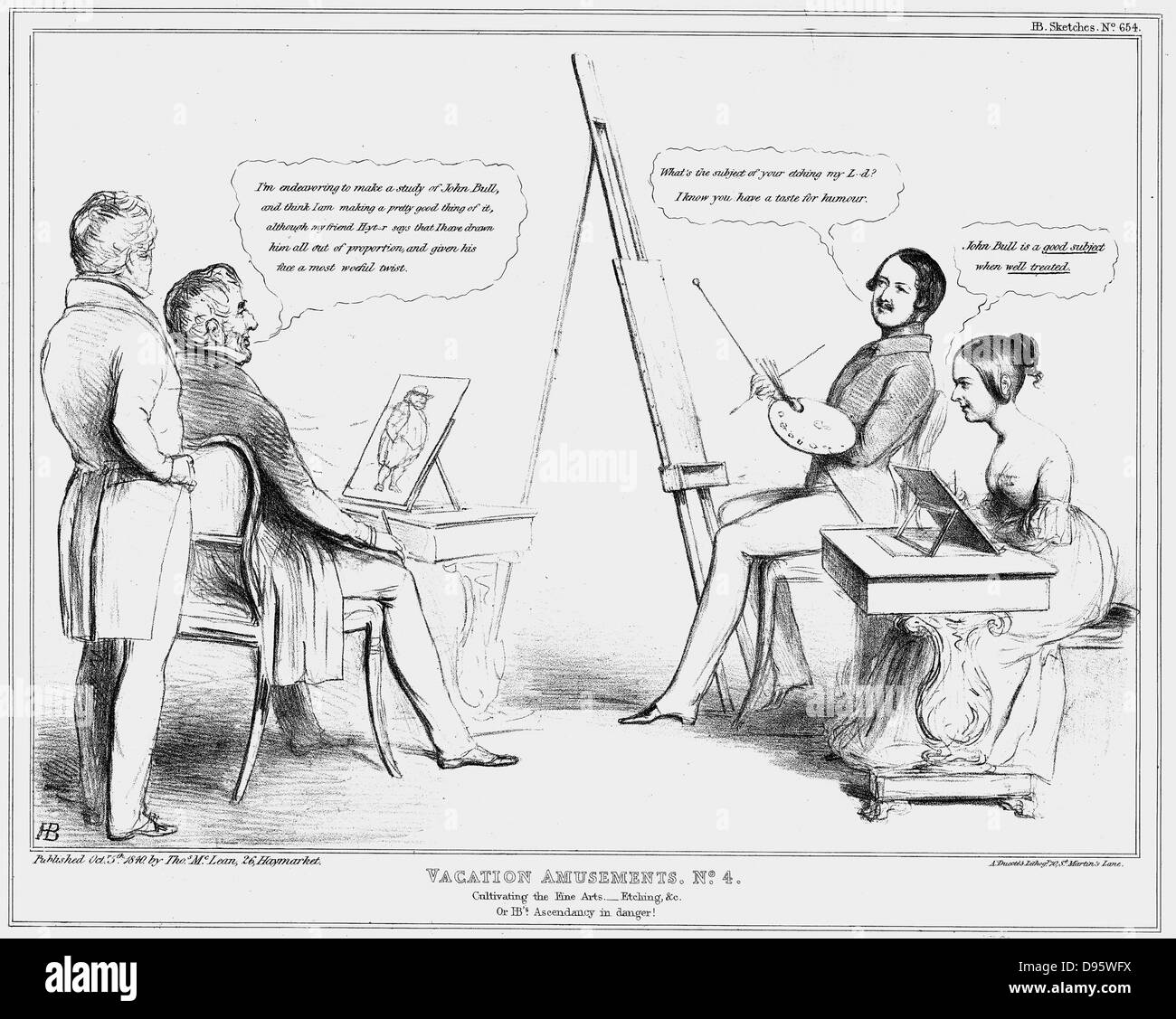 Un giovane la Regina Vittoria e il Principe Alberto unisciti al duca di Wellington per alcuni schizzi di vacanze e di pittura. Wellington lavorando su John Bull guardato da George Hayter, ritratto e pittore storico alla regina dal 1827. Cartone animato da John Doyle (1797-1868) pubblicato 1840. Foto Stock