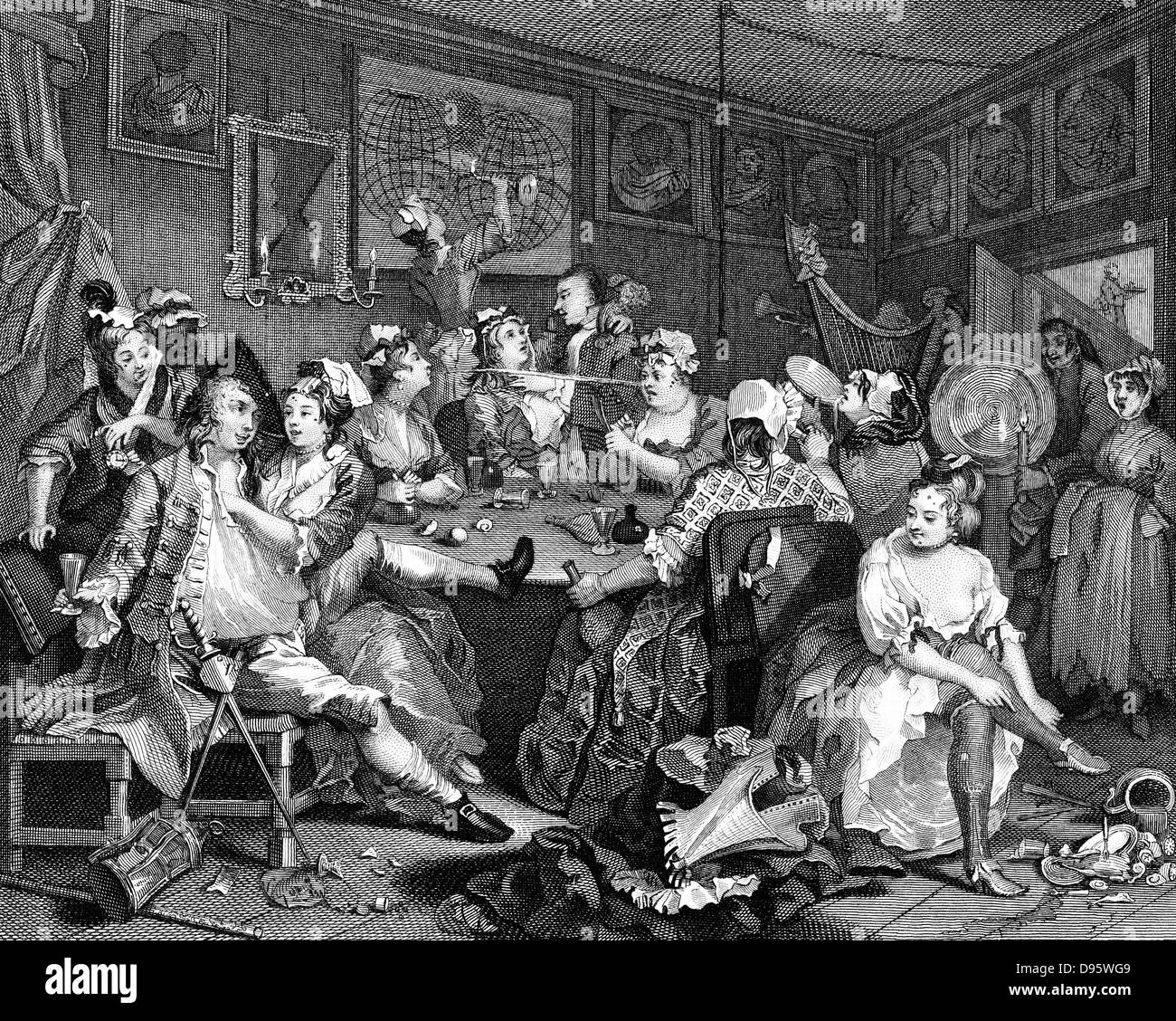 The Rake's Progress: Taverna Scena - Piastra II di William Hogarth's serie di otto originariamente pubblicato 1735. Qui il rastrello squanders la sua fortuna sulla bevanda, donne e gioco d'azzardo. Donna accarezzandolo ruba il suo orologio e mani di complice dietro di lui. Incisione Foto Stock