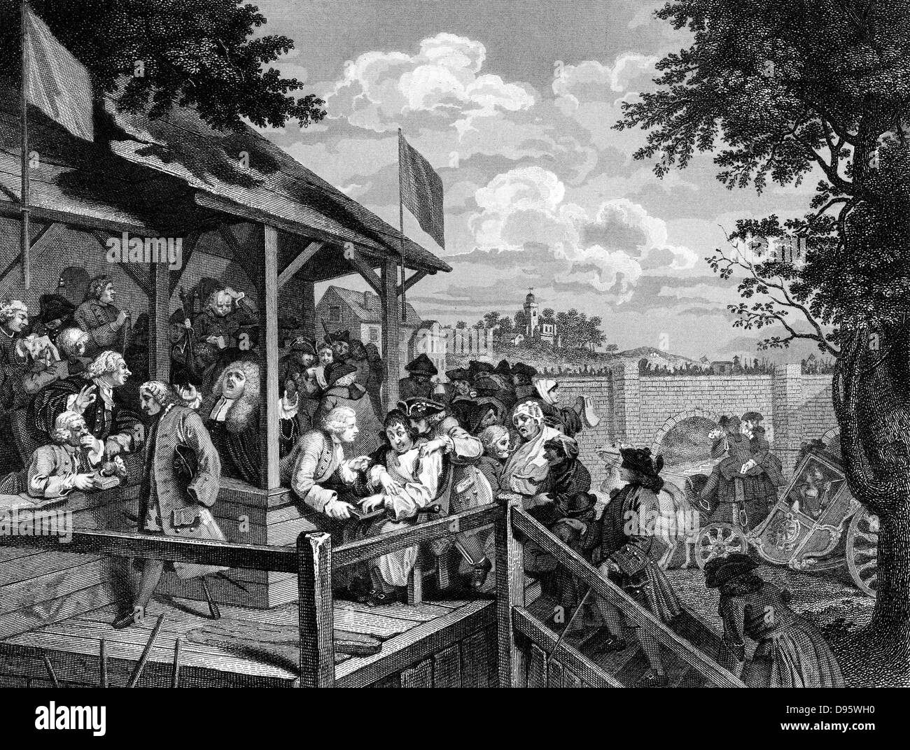 L'elezione. Il polling - PLATE II di serie di quattro. Vecchio soldato offerte giuramento ma è contestata da avvocato come, dopo aver perso la mano destra, non appoggiarla sul libro. Dopo incisione William Hogarth (1697-1764) Foto Stock