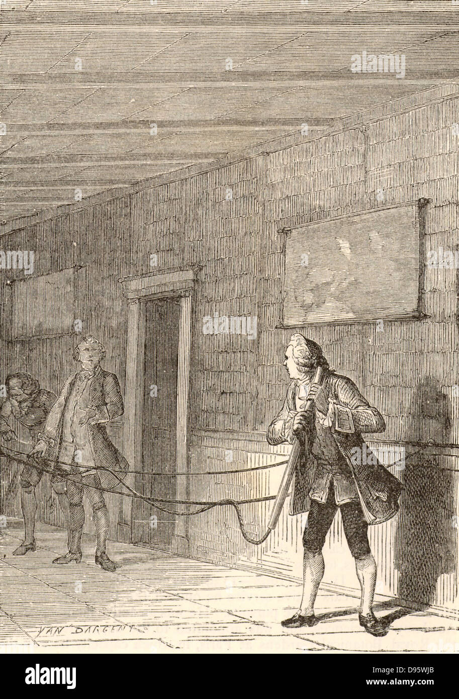 Stefano Grigio (1666-1736) scienziato inglese nato a Canterbury, nel Kent, accreditato con la scoperta del flusso di elettricità. Artista della impressione di grigio il passaggio di elettricità da un globo di vetro macchina elettrostatica verso il basso un 44,8 metere (147 piedi) di lunghezza di packthread (1729). Incisione da 'una storia popolare della scienza' da Robert Routledge (Londra, 1881). Foto Stock