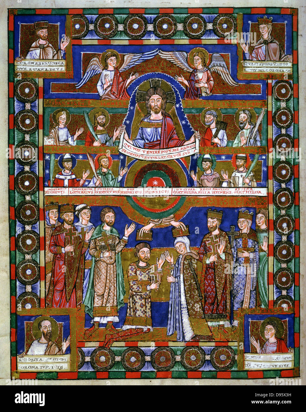 Incoronazione di Enrico il Leone (1129-1195) duca di Sassonia dal 1146, e di sua moglie Matilda Figlia di Enrico II d'Inghilterra, sposato 1168. Nella metà superiore della immagine di Cristo, gli angeli e i santi guardano in basso. Dal Vangelo di Enrico il Leone". Manoscritto . Foto Stock Incoronazione di Enrico il Leone (1129-1195) duca di Sassonia dal 1146, e di sua moglie Matilda Figlia di Enrico II d'Inghilterra, sposato 1168. Nella metà superiore della immagine di Cristo, gli angeli e i santi guardano in basso. Dal Vangelo di Enrico il Leone". Manoscritto . Foto Stock
