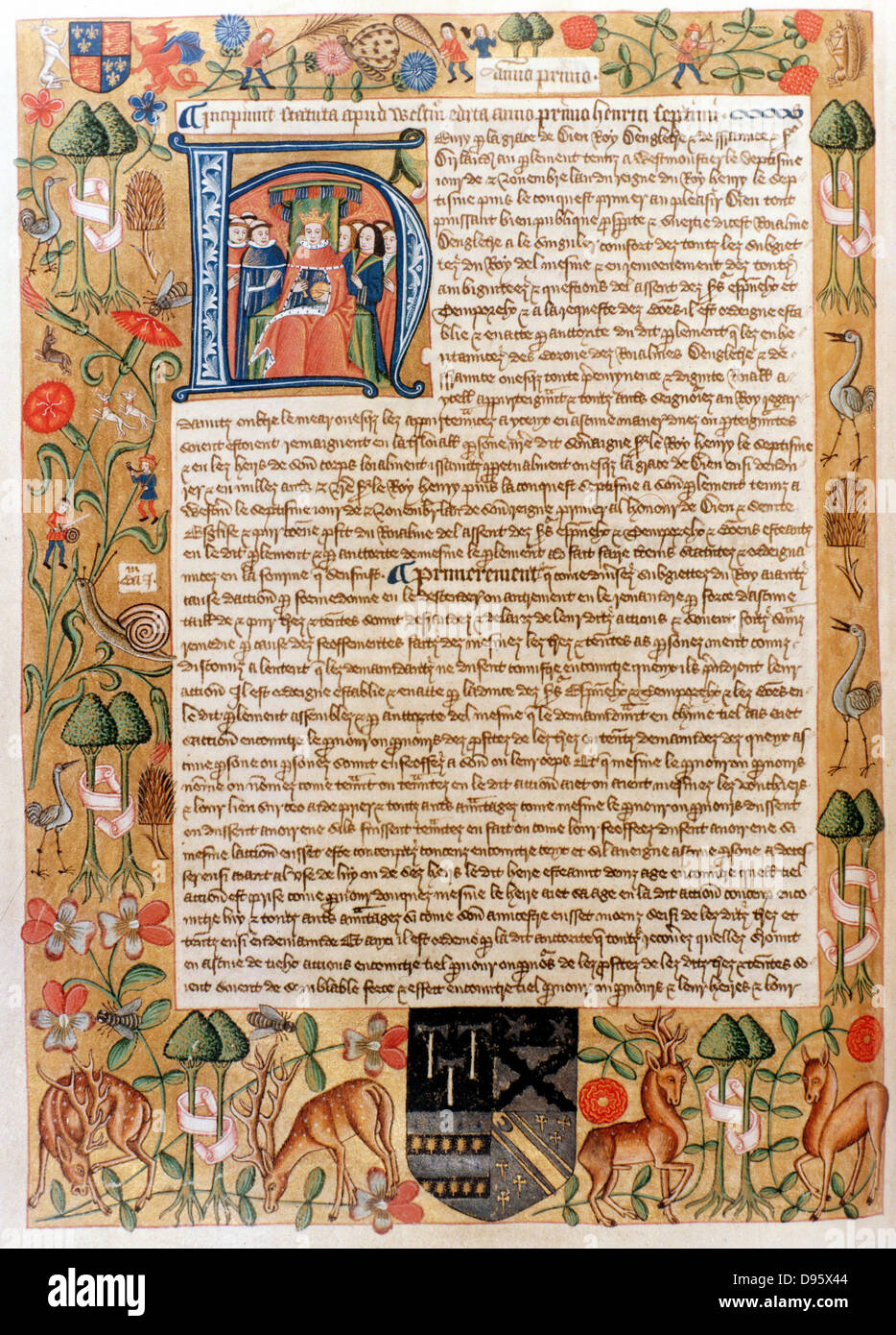 Enrico VII (1457-1509) primi Tudor re d'Inghilterra dal 1485. Il suo primo atto del parlamento con iniziale ritratto del re. Confine illuminato con flora e fauna. Thomas Pigot del " Libro degli Statuti'. Foto Stock
