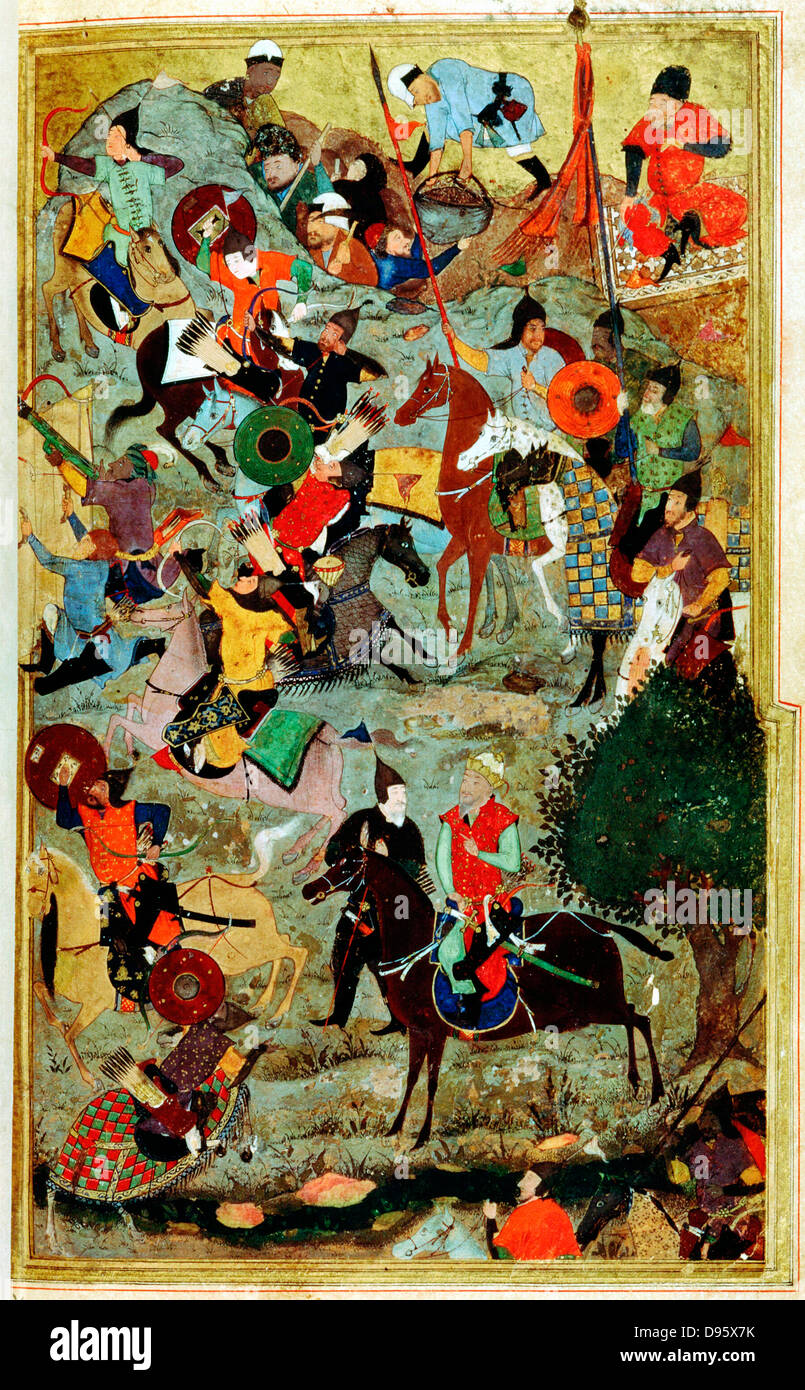 Tamerlaine (Tamerlane/Timur-i-Lang) 1336-1404 conquistatore turche. Timur attaccando i Cavalieri di San Giovanni a Smirne. Miniatura per Bihzad 1467. Foto Stock