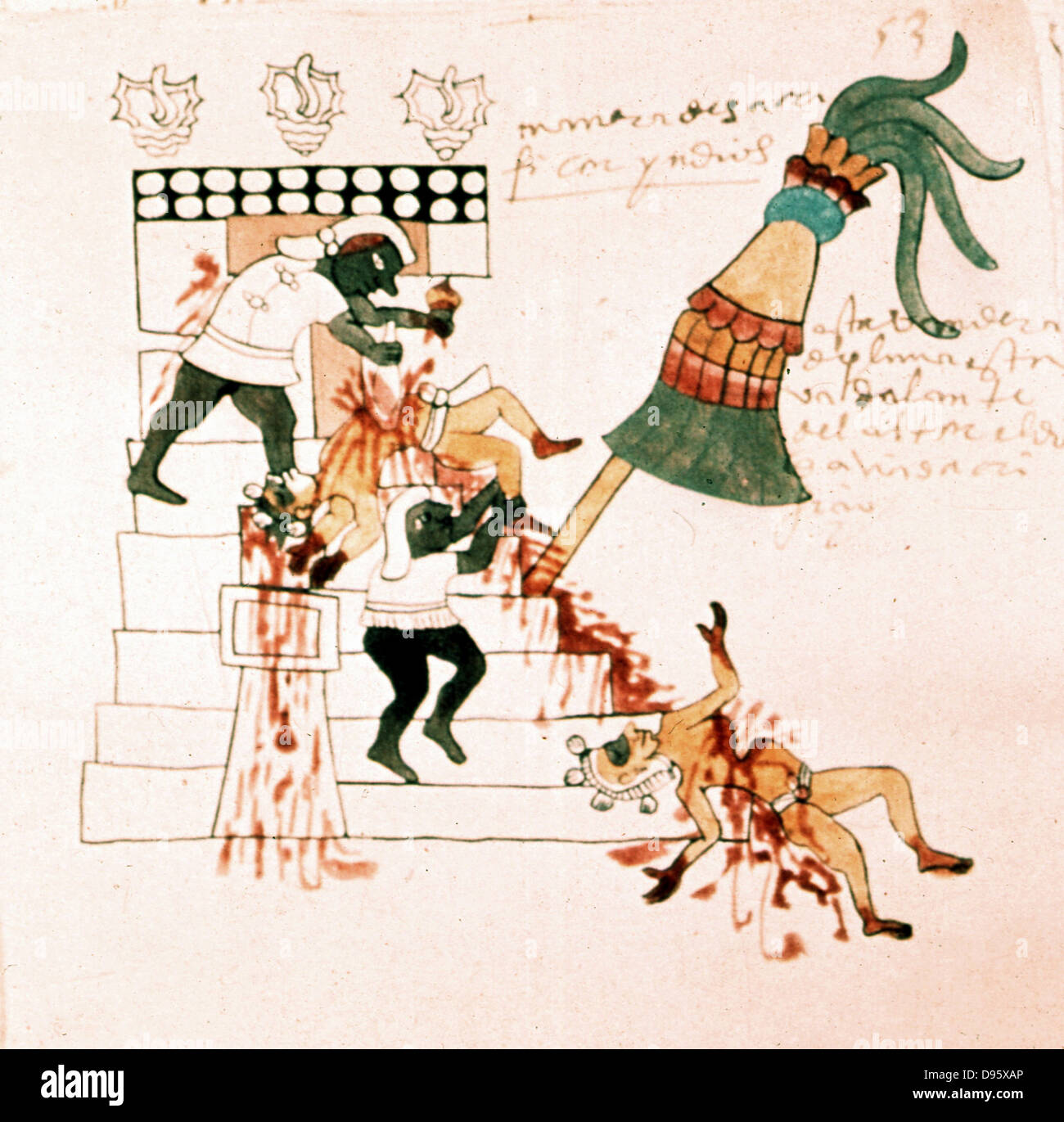 Tempio azteco sacrificio. Dal Codex Magliabicciano. Museo de America, Madrid. Foto Stock