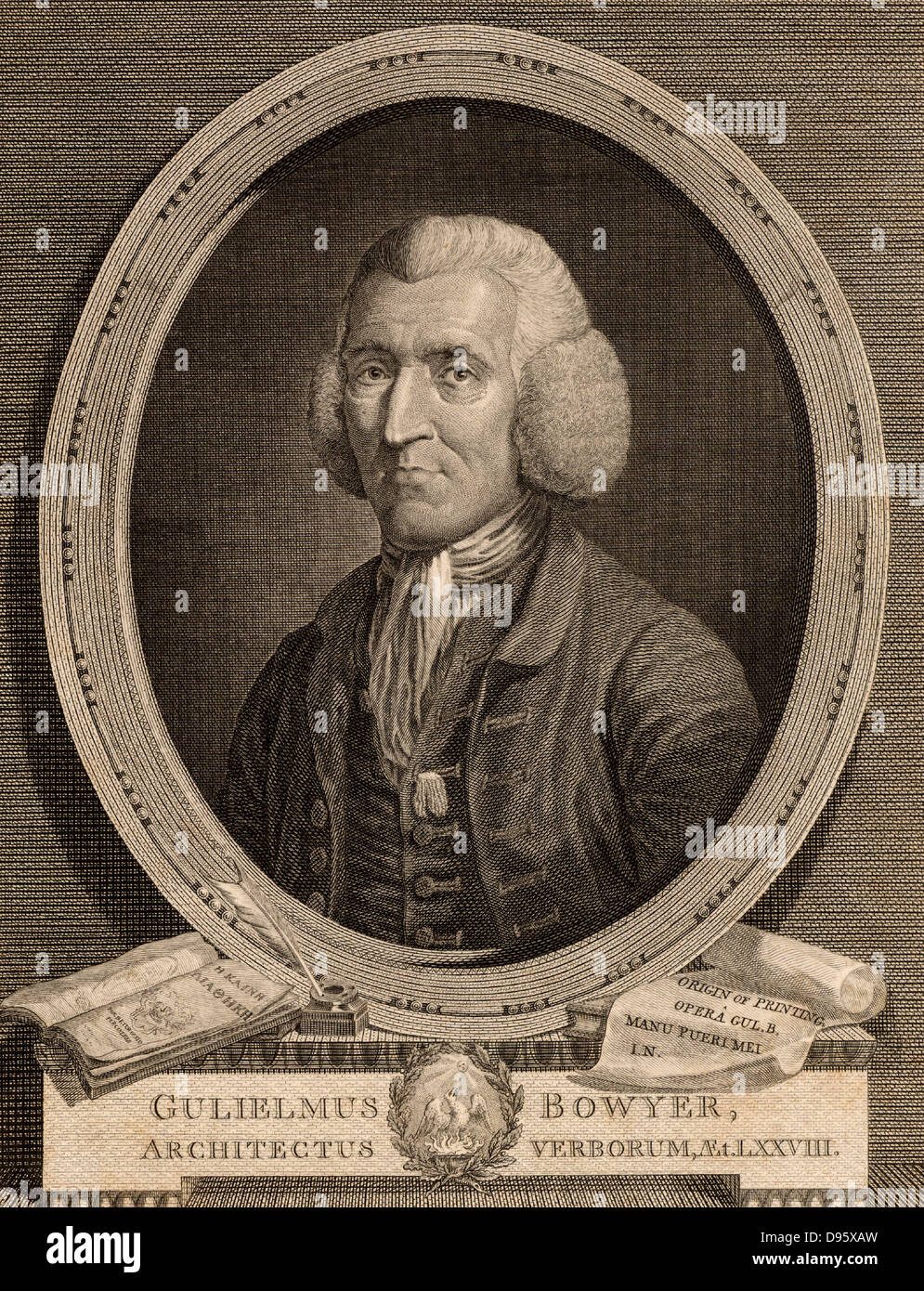 William Bowyer il Giovane (1699-1777) noto come "l'imparato Stampante, prominente stampante Inglese e l'autore. Stampante alla House of Commons (1729), la società di antiquari (1726), la Royal Society (1761). Tratte dalla vita e inciso da James Basire (1730-1802) Foto Stock