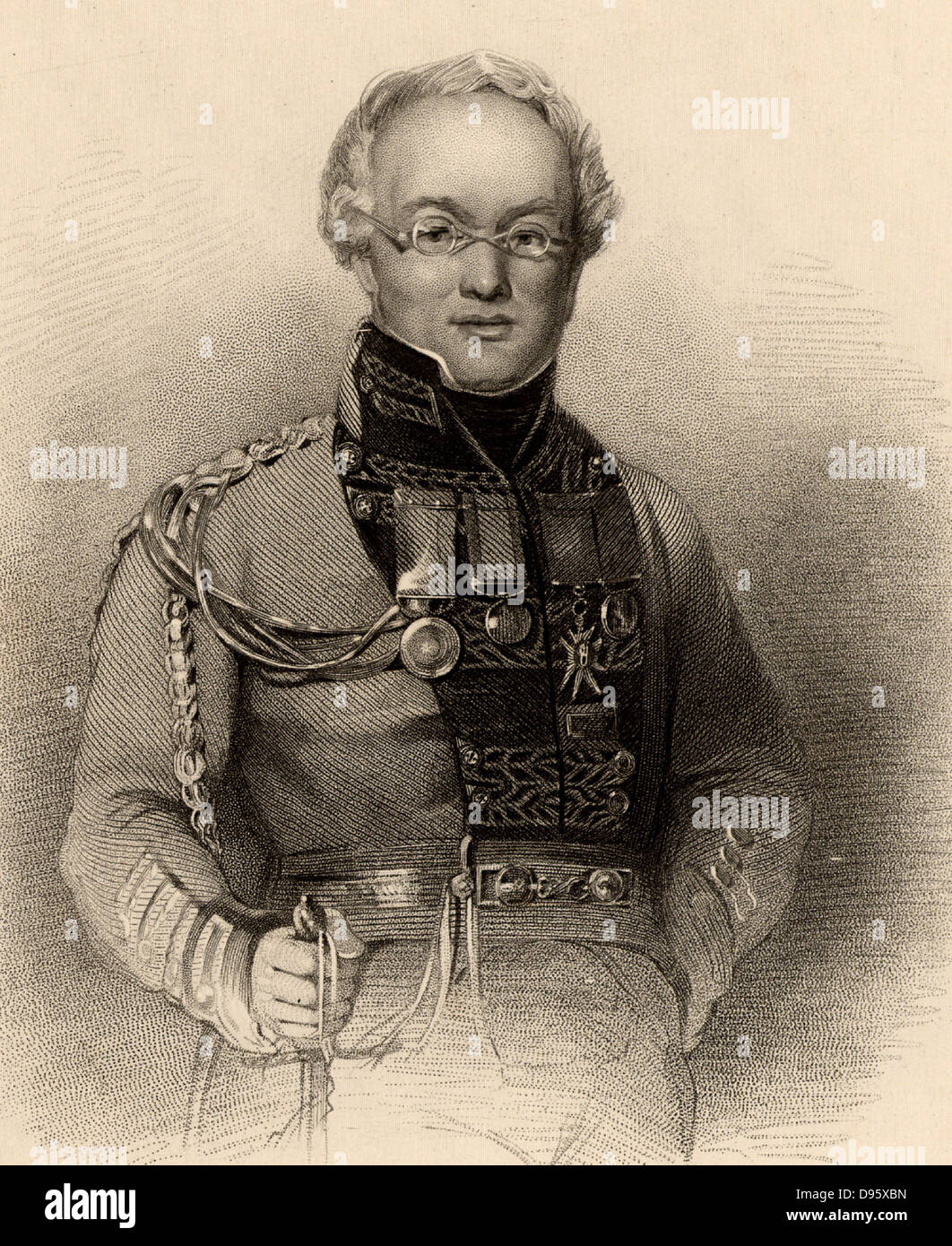 David Stewart di Garth (1772-1829) Scottish soldier e l'autore. Inserito il 42nd montanari nel 1787. Gravemente ferito nella battaglia di Alessandria (Aboukir) nel 1801 quando gli inglesi ha sconfitto il francese. Creato General Maggiore nel 1825. Quando morì egli stava servendo come governatore di St Lucia. Autore di "ketches ...dei montanari della Scozia: con i dettagli del servizio militare delle Highland reggimenti' (1822). Incisione da 'un Dizionario biografico di eminenti Scotsmen' da Thomas Thomson (1870). Foto Stock