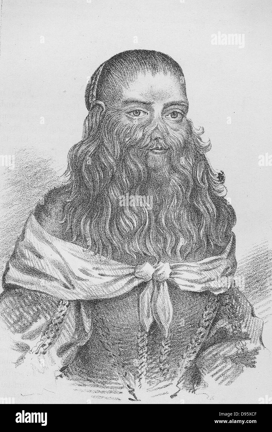 Barbara Urslerin, pelose di fronte donna, nato in Germania nel 1629 e mostrava come attrazione da circo. Subito da ipertricosi (Ambras Syndrome). Litografia pubblicata London 1815. Foto Stock