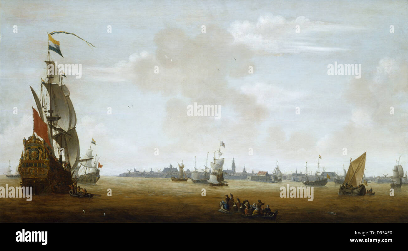 Vista di Amsterdam dal mare. Artista, Pieter Van den Velde (1634-1687) Olio su legno. Collezione privata Foto Stock