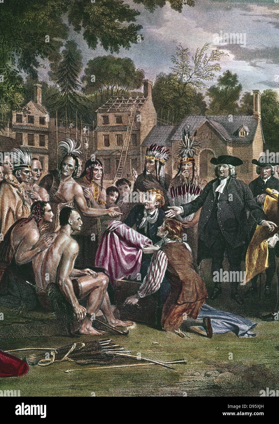 William Penn (1644-1718) inglese Quaker colono, trattando con Nativi Nord Americani sul sito di Philadelphia, novembre 1682. Indian seduto sulla sinistra è in possesso di una tubazione della pace. Artista, Benjamin West (1738-1820). British Museum. Foto Stock