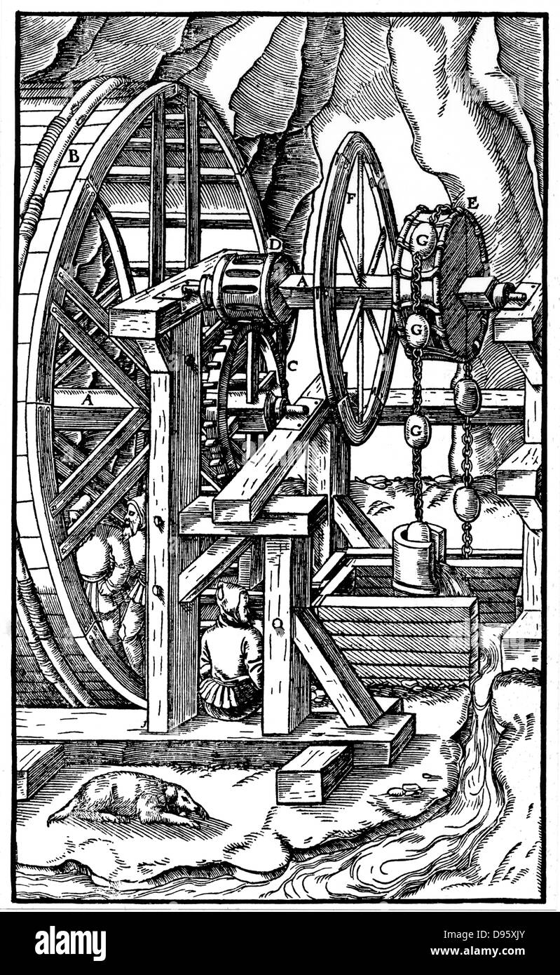 Rag-e-pompa a catena per lo scarico di una miniera azionato da uomini in tapis roulant. Da Agricola (George Bauer) "De re metallica', Basilea, 1556. Foto Stock