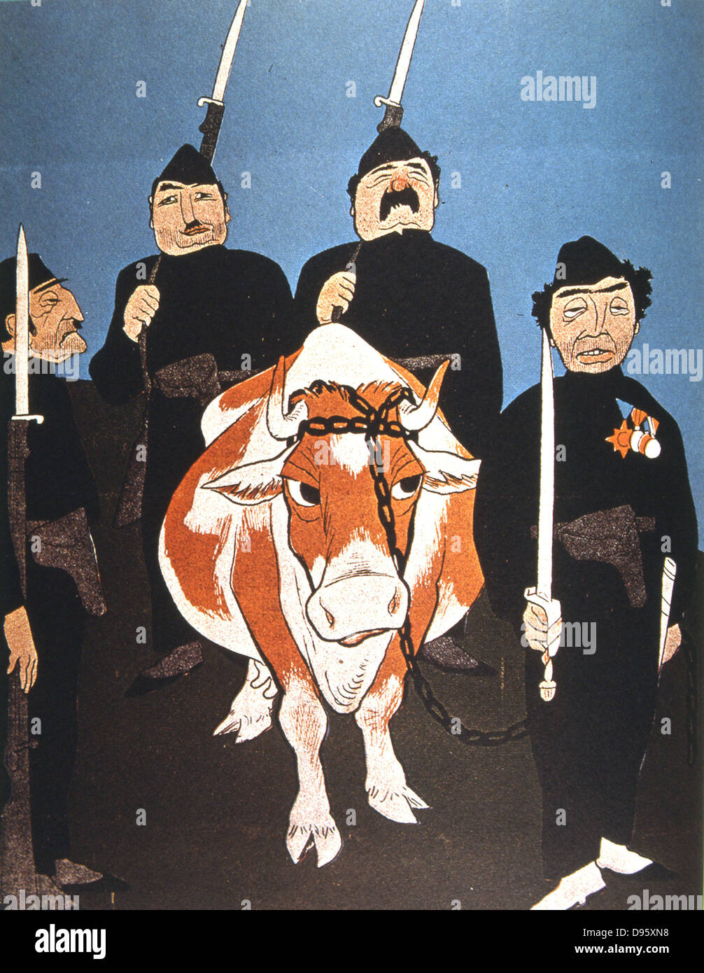 L'Italia, 1926. Anti-fascisti cartone animato che mostra una vacca di essere arrestato per non dare il Chianti. Foto Stock