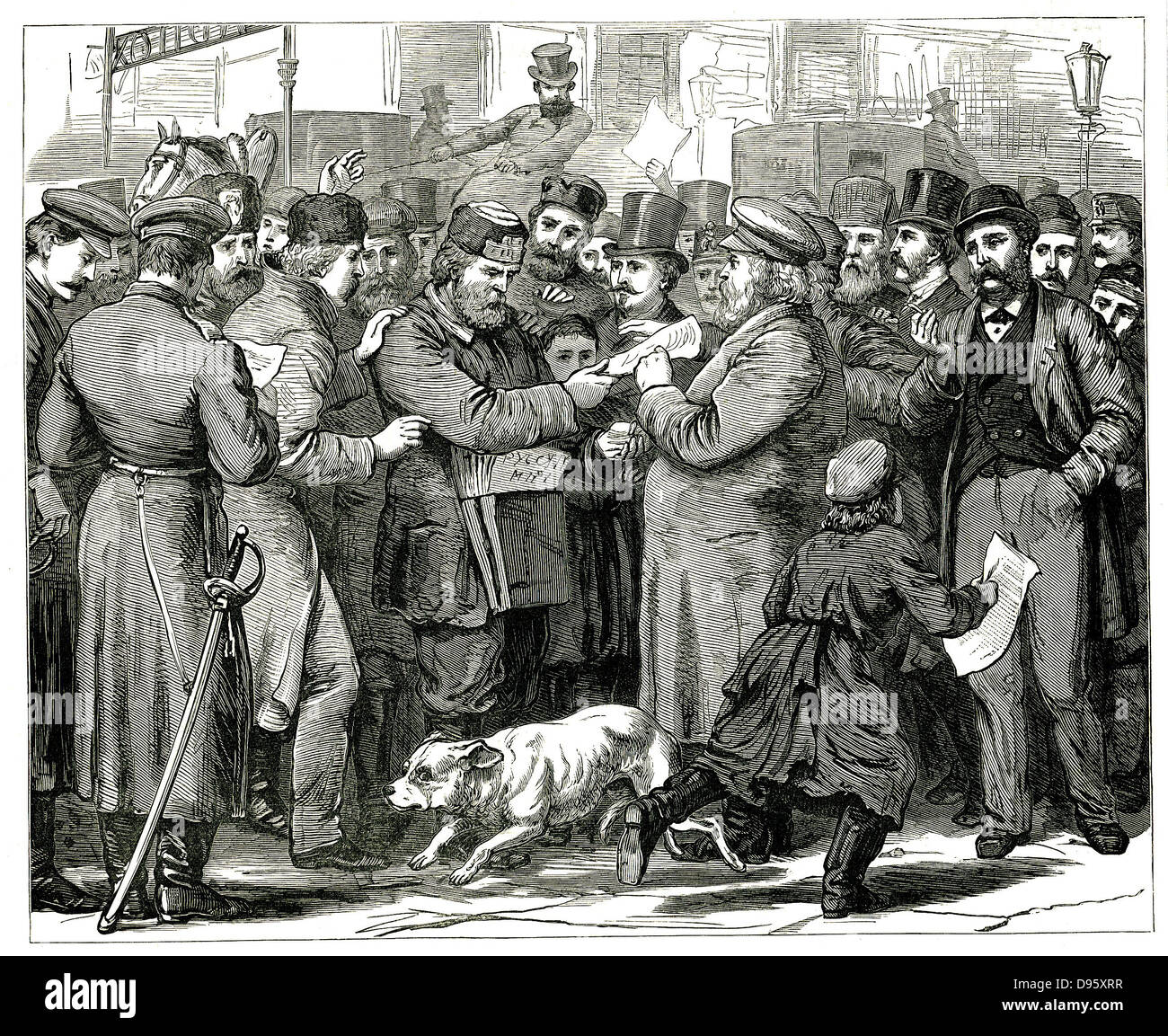 Russo-Turkish guerra 1877-1878. Telegrammi da parte anteriore che viene letta sul Nevskij Prospekt, San Pietroburgo. Incisione da "l'llustrated London News " Londra, 14 luglio 1877. Foto Stock