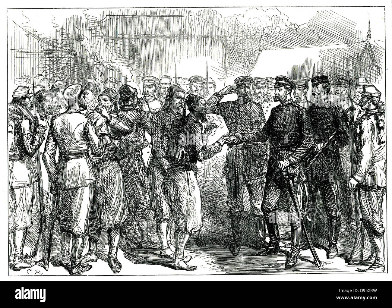 Russo-Turkish guerra 1877-1878. Lo Zar Alessandro II dando sigarette al turco di prigionieri di guerra a Simnitza. Incisione da "l'llustrated London News " Londra, 28 luglio 1877. Foto Stock