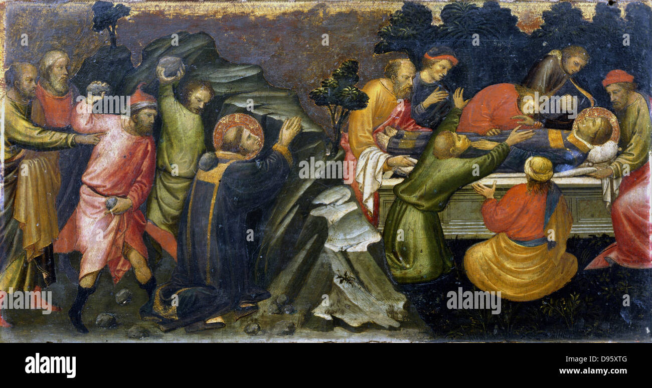 La lapidazione e la sepoltura di Santo Stefano. Stefano fu il primo martire cristiano. Artista, Mariotto de Nardo (d1424). Collezione privata. Foto Stock