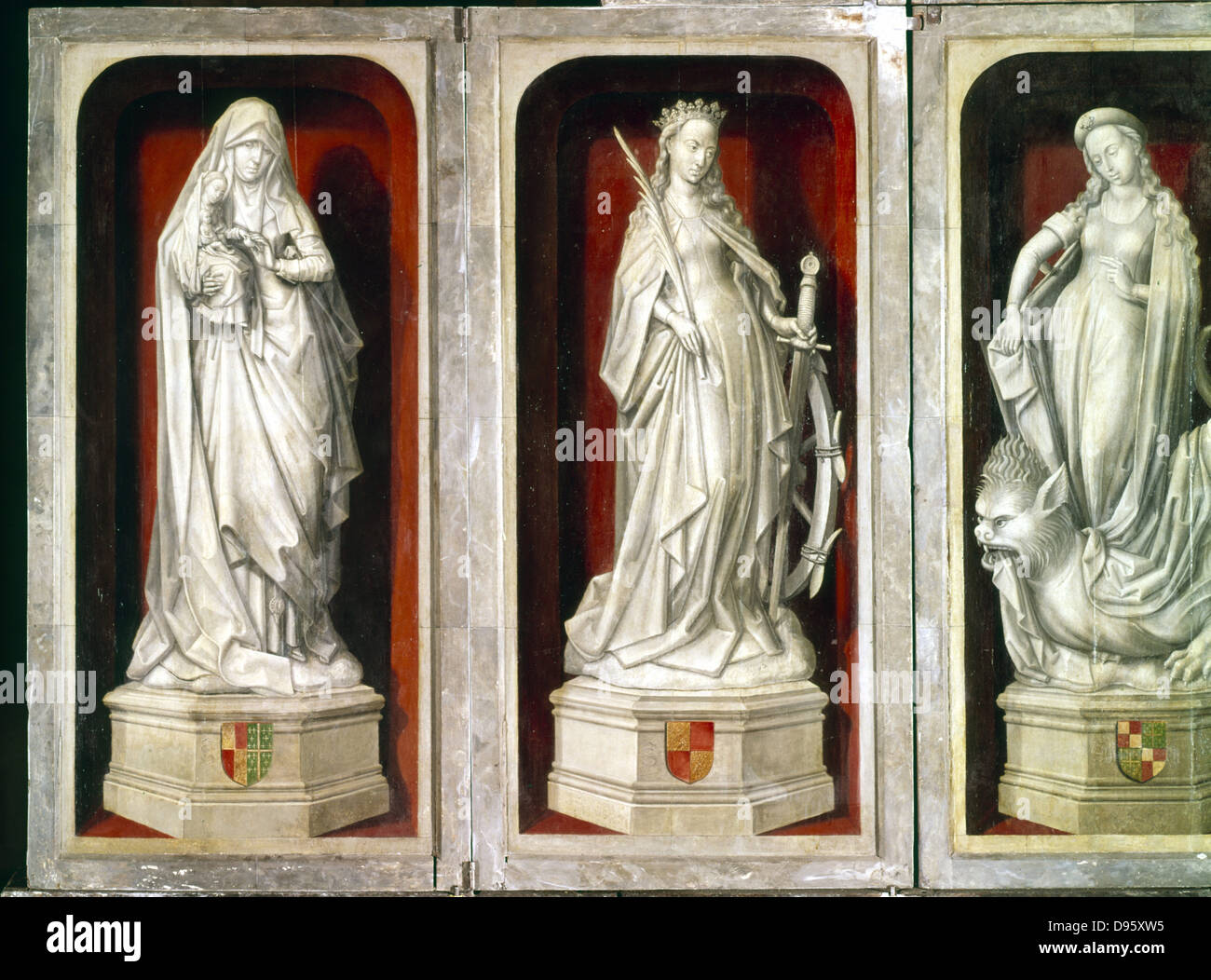 La St Anne tenendo la figlia vergine Maria, Santa Caterina di Alessandria (d307) e St Margaret in piedi sul Diavolo chi visita al carcere. Il marmo. Scuola di francese del XV secolo. Foto Stock