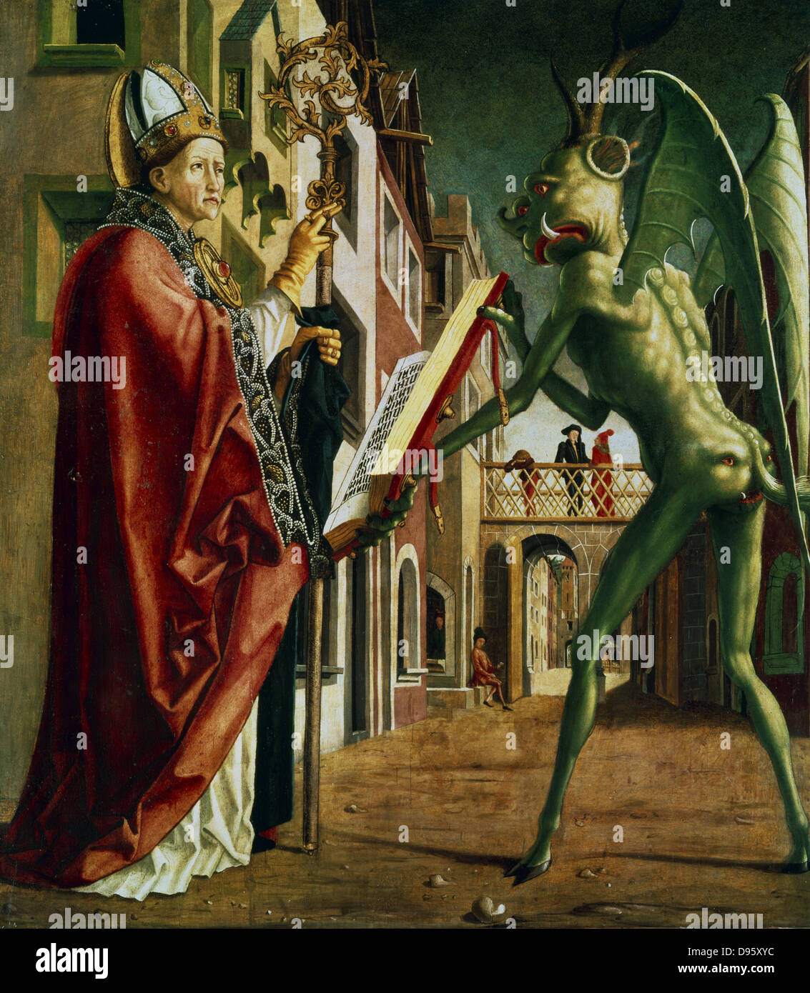 Il Diavolo presentazione di sant Agostino di Ippona) con il libro dei vizi. Michael Pacher (c1435-1498). Olio su legno. Alte Pinakothek di Monaco di Baviera. Foto Stock