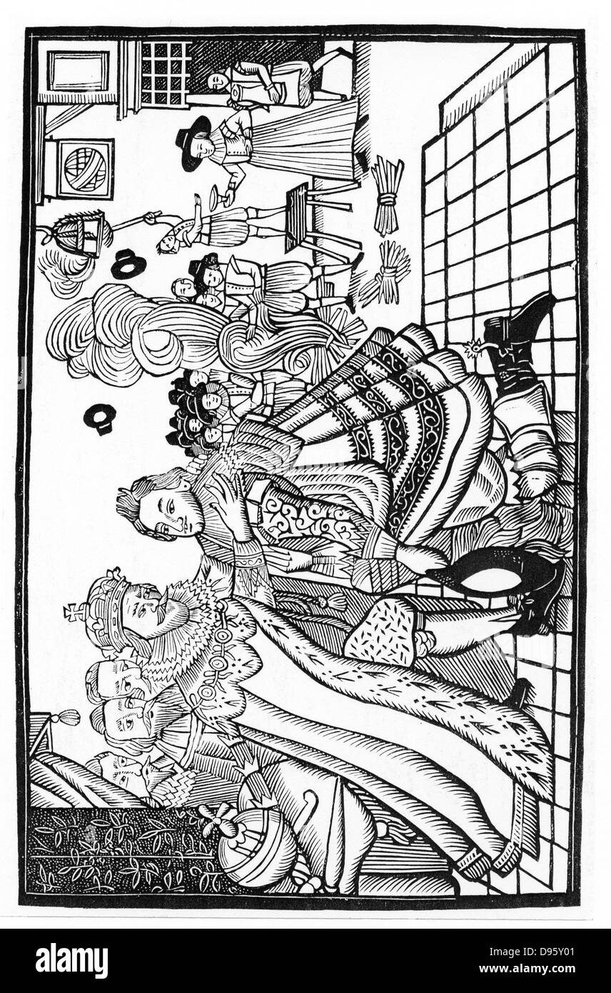 James VI e accogliente il Principe Carlo a casa dalla Spagna, 1623. Charles I (1600-1649), re di Gran Bretagna e Irlanda dal 1625, era stata in Spagna alla Corte di giustizia la Infanta Maria. La Spagna si sarebbe solo accettare il matrimonio se Charles convertito al cattolicesimo romano. Foto Stock