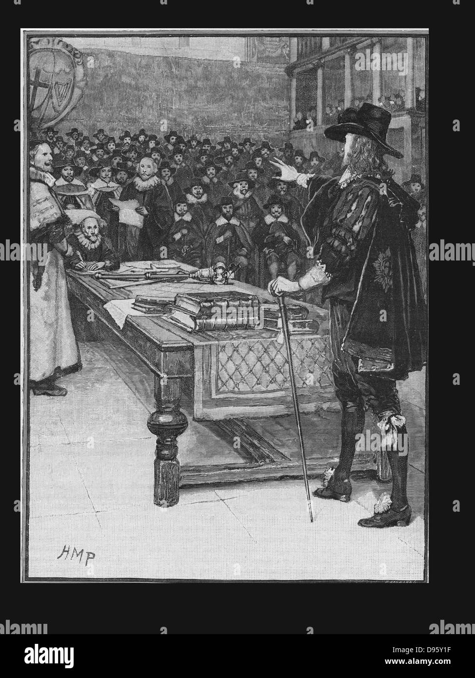 Processo di Charles I, Gennaio 1649. Charles ! (1600-1649), re di Gran Bretagna e Irlanda dal 1625 in prova dal Parlamento nella Westminster Hall di Londra. Charles, come un monarca assoluto, non ha accettato la competenza della Corte e il suo rifiuto di far valere è stata interpretata come una supplica colpevole. Foto Stock