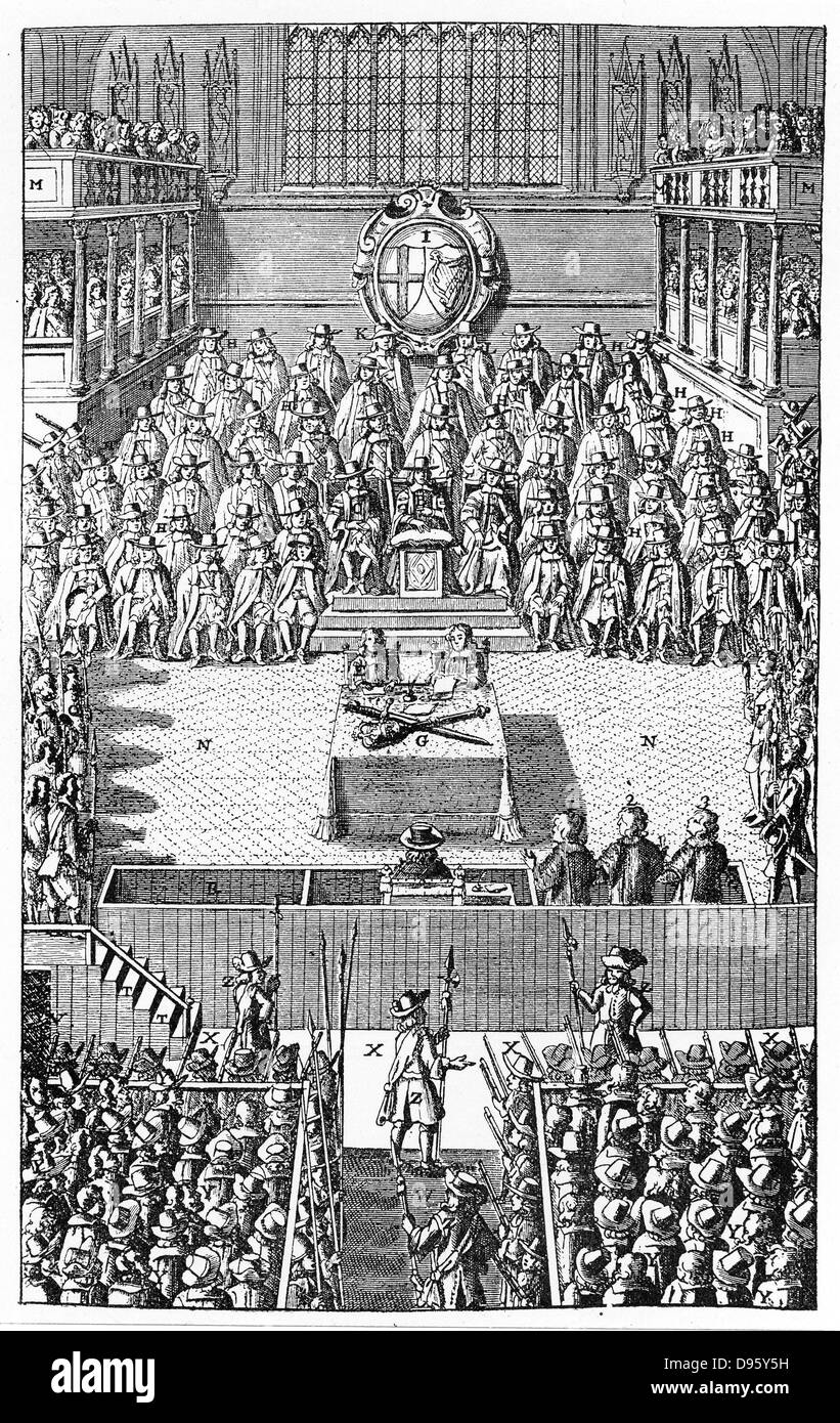 Processo di Charles I, Gennaio 1649. Charles I (1600-1649), re di Gran Bretagna e Irlanda dal 1625, in prova da parte del Parlamento europeo nella Westminster Hall di Londra. Charles, come un monarca assoluto, non ha accettato la competenza della Corte e il suo rifiuto di far valere è stata interpretata come un ple di colpevole. Foto Stock