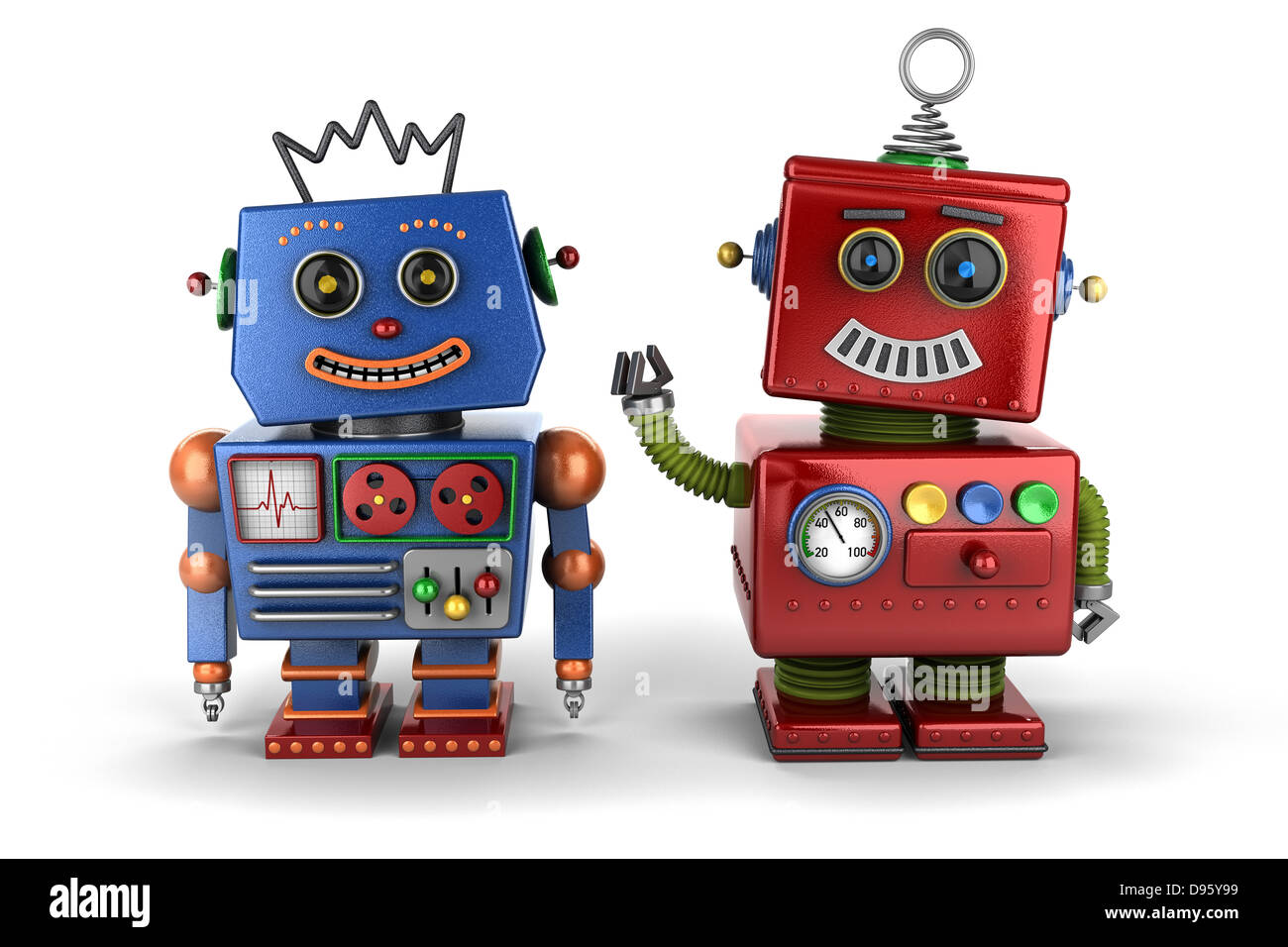 Due happy vintage robot giocattolo di amici Foto Stock