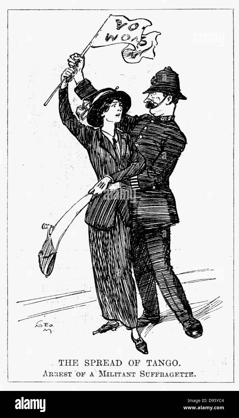 Voti per le donne. Un modo un po' imbarazzato British poliziotto experienceing difficoltà in arressting un militante suffragette. Cartone animato da 'Foratura', Londra, 3 dicembre 1913. Foto Stock