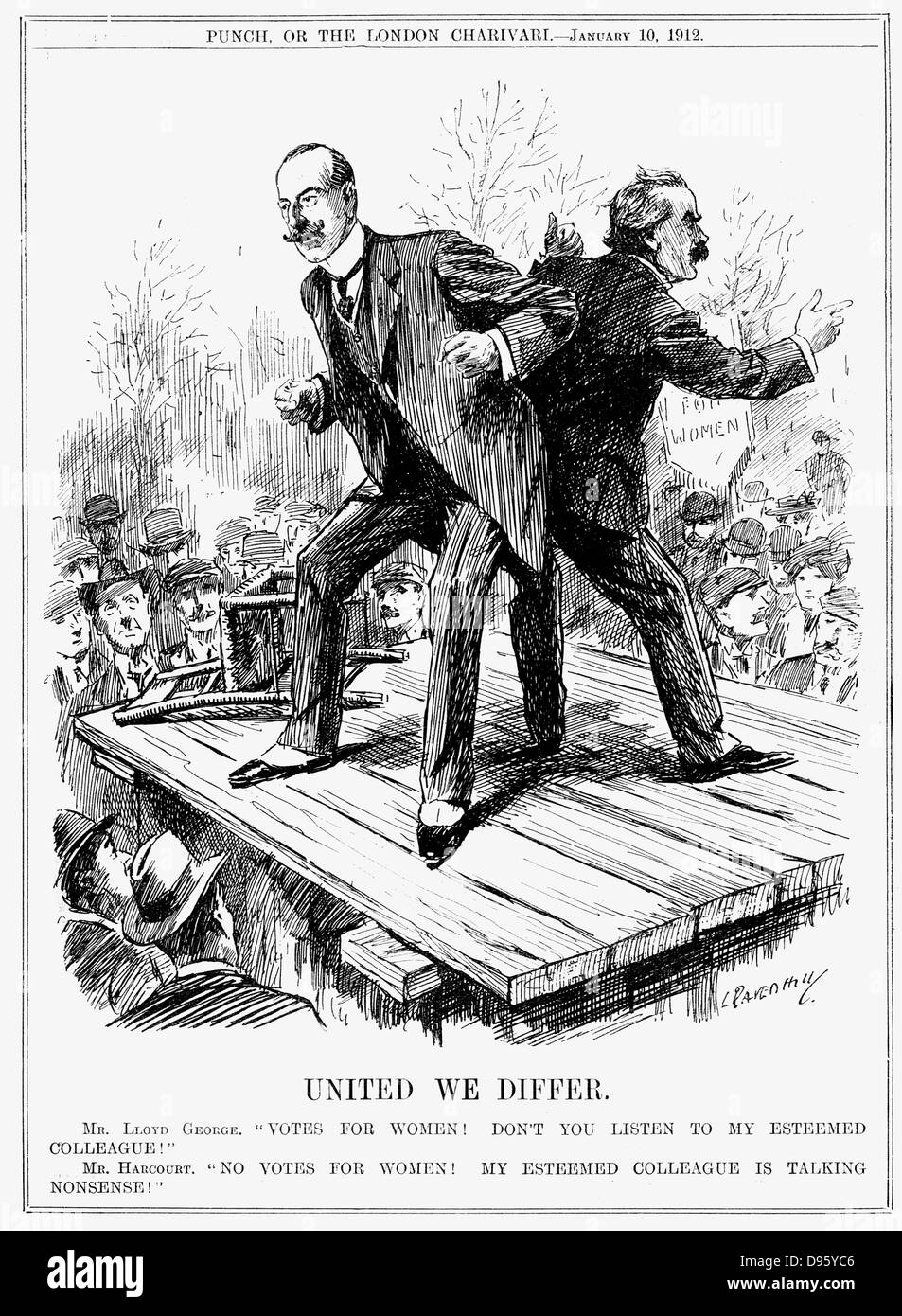 Voti per le donne. Il British partito liberale che parla con due voci. Lewis Vernon Harcourt dicendo "No voti per le donne mentre sull'altro lato della piattaforma il suo collega David Lloyd George sta dicendo "voti per le donne". Cartone animato da Leonard RavenHill da 'Foratura', Londra, 10 gennaio 1912. Foto Stock