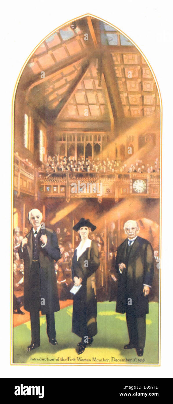 Lady Astor, la prima donna a prendere il suo posto in seno al parlamento britannico, introdotto alla ouse di Commons, 1 dicembre 1919. Dopo la pittura da Charles Sims. Foto Stock