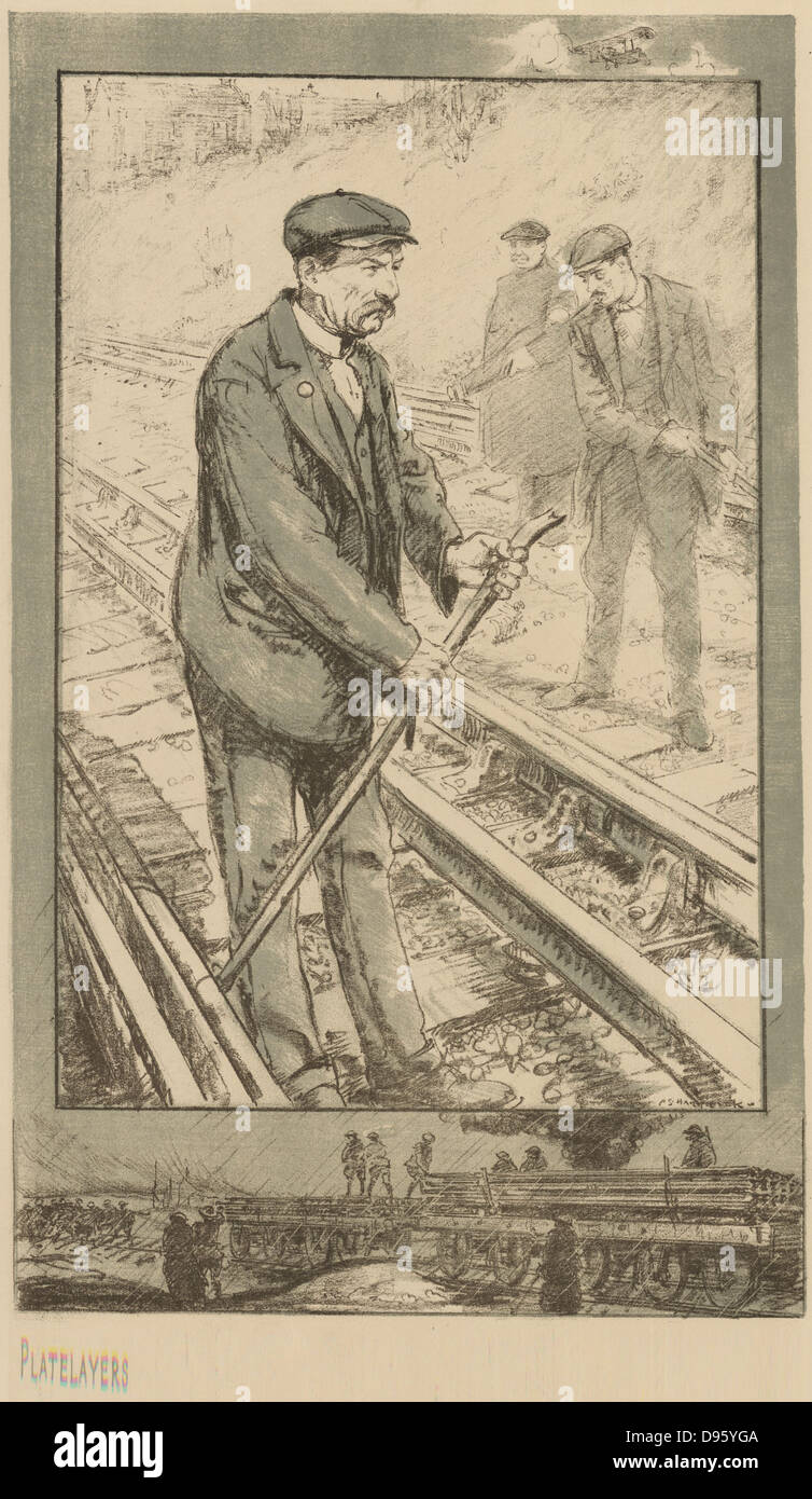 Platelayers: tutti gli uomini sono troppo vecchio per il servizio militare attivo. In fondo sono giovani uomini che servono come soldati in Francia che sarebbero state facendo questo lavoro in tempo di pace. La scena della metropolitana di Londra (metropolitana elettrica ferroviaria Company), la I Guerra Mondiale - 1914-1918. Litografia. Foto Stock