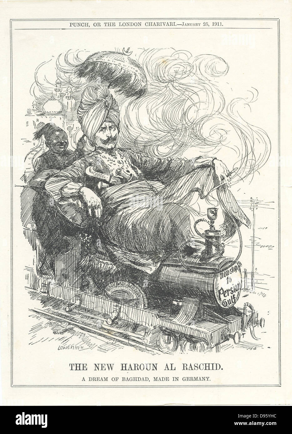 Wilhelm II, Imperatore di Germania, sognando di un tedesco di collegamento ferroviario a Baghdad e olio. Cartone animato da Leonard Raven-Hill da 'Foratura', Londra, 25 gennaio 1911. Foto Stock