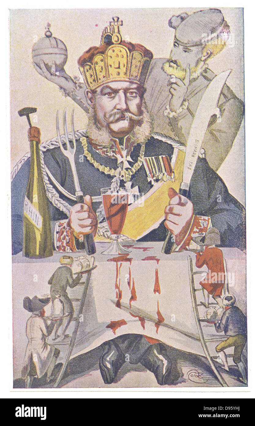 Wilhelm I (1797-1888), Re di Germania 1861, l'imperatore 1871.Cartoon di Coide (J Tissot) che è comparso durante l'Assedio di Parigi 1870-1871, Franco guerra prussiano, mostrando l'imperatore con Bismarck come il suo coltello carving e le nazionalità che aveva conquistato. Foto Stock