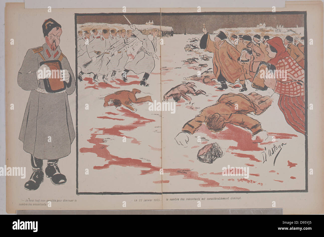 Rivoluzione in Russia, 1905. Massacro di cittadini delusi dall'esercito russo, 22 gennaio. Sulla sinistra si erge Nicholas II dicendo "Io sto facendo del mio meglio a ridurre il numero di soggetti insoddisfatti' Cartoon da 'L'assiette au Buerre", Parigi, 4 febbraio 1905. Foto Stock