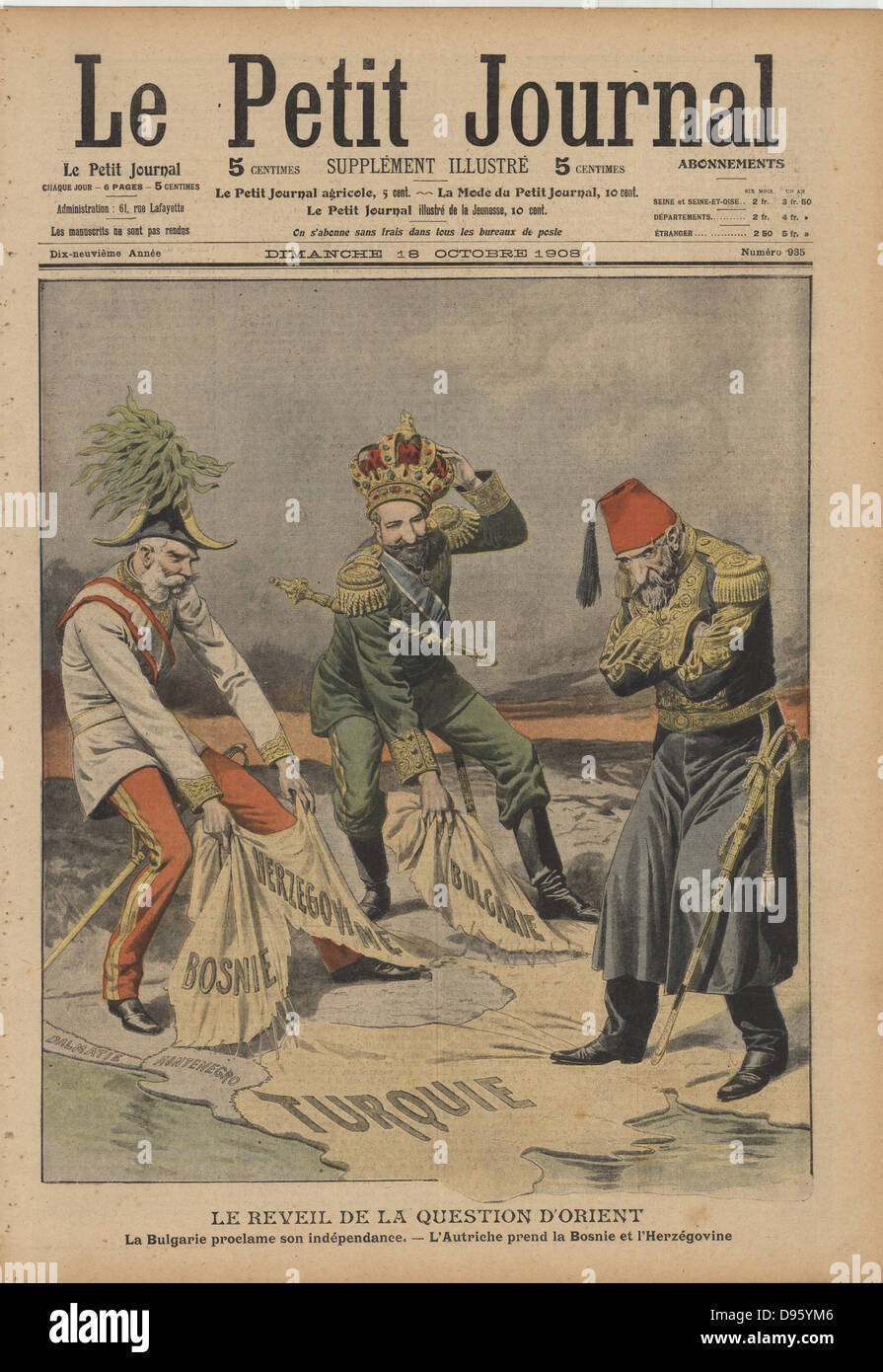 Giovani Turk Rivoluzione, 1908. In sconvolgimenti nell'impero ottomano causati da giovani Turk Rivoluzione, in ottobre in Austria (Franz-Joseph) sequestrati Boznia-Herzogovina e Bulgaria (Ferdinando I) dichiarò la sua indipendenza dalla Ottomamn turchi. Da "Le Petit Foto Stock