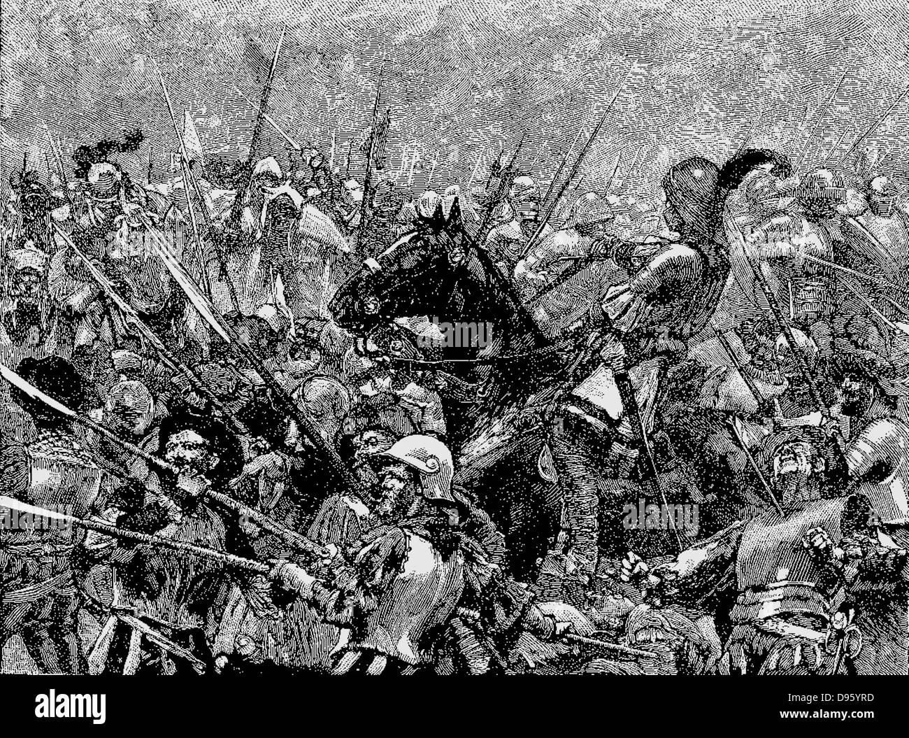 Battaglia di Stoke, 16 giugno 1487. Mercenari tedeschi sotto Martin Schwarz rendendo il loro ultimo stand contro la più forte e più disciplinato forze del re. Inglese longbows con acciaio con punta di frecce outshot balestre dei tedeschi che ha avuto molto tempo per il caricamento. Incisione c1885. Foto Stock