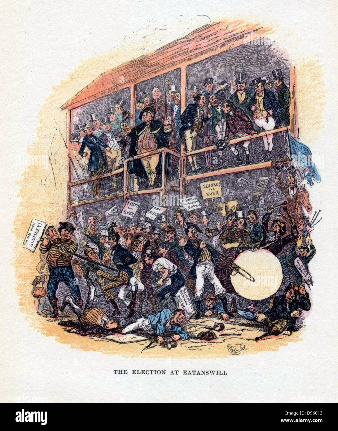 L elezione a Eatanswill' una illustrazione da "Phiz' (Hablot Knight Browne 1815-1882) per 'carte postuma di The Pickwick Club' di Charles Dickens (Londra, 1836-1837) Foto Stock