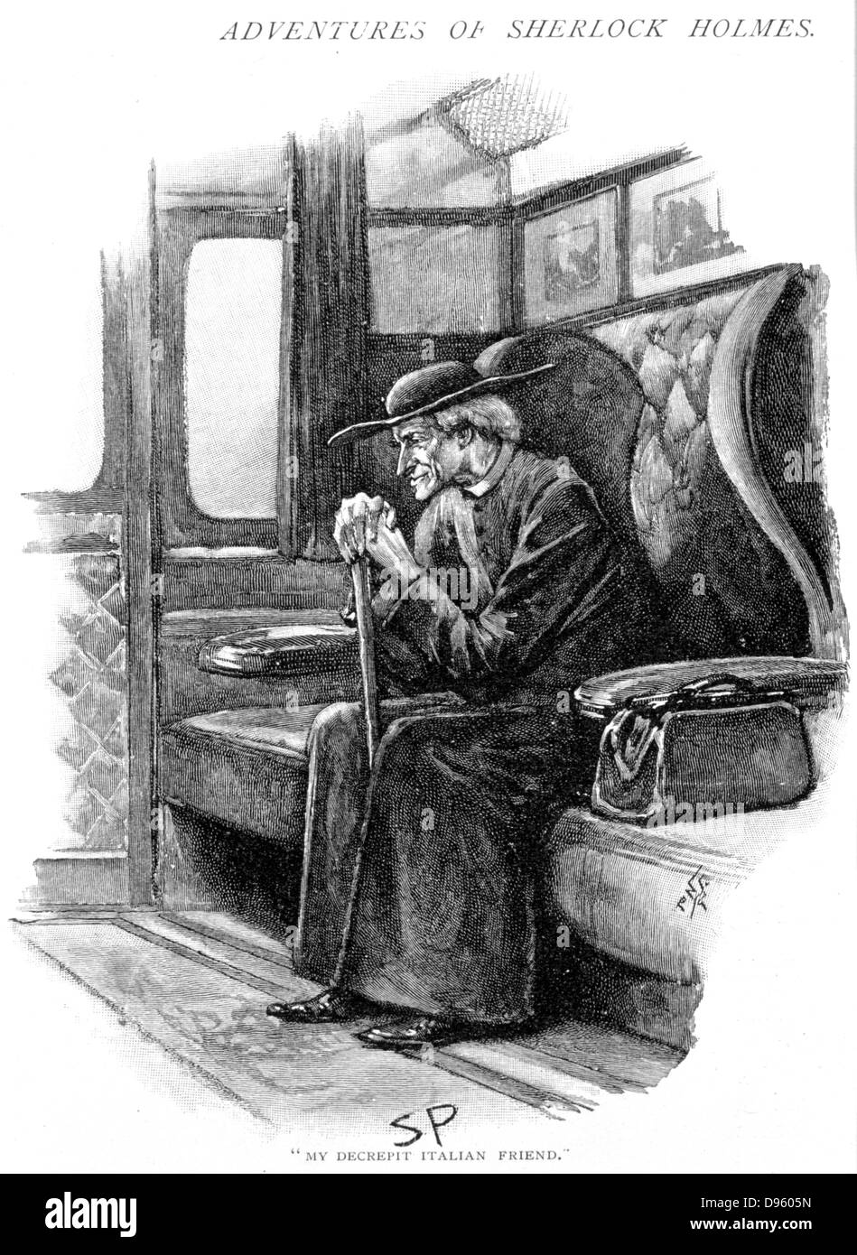 Arthur Conan Doyle 'l'avventura del problema finale' Strand Magazine, Londra,1893.illustrato da Sidney E.Paget (1860-1908), il primo artista a disegnare Holmes. Holmes, come il vecchio sacerdote italiano attende per barche in treno per tirare fuori la stazione Victoria di Londra. Foto Stock