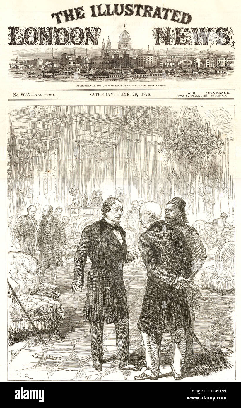 Il congresso di Berlino, 1878, svoltasi a Bismarck la cancelleria, l'ex Palazzo Radziwill. L'Ante-room in cui i delegati possono riunirsi informalmente. Qui il delegato britannico Lord Beaconsfield (Benjamin Disraeli), è in discussione con gli altri delegati (russo e turco?). Da 'l'Illustrated London News', 29 giugno 1878. Foto Stock
