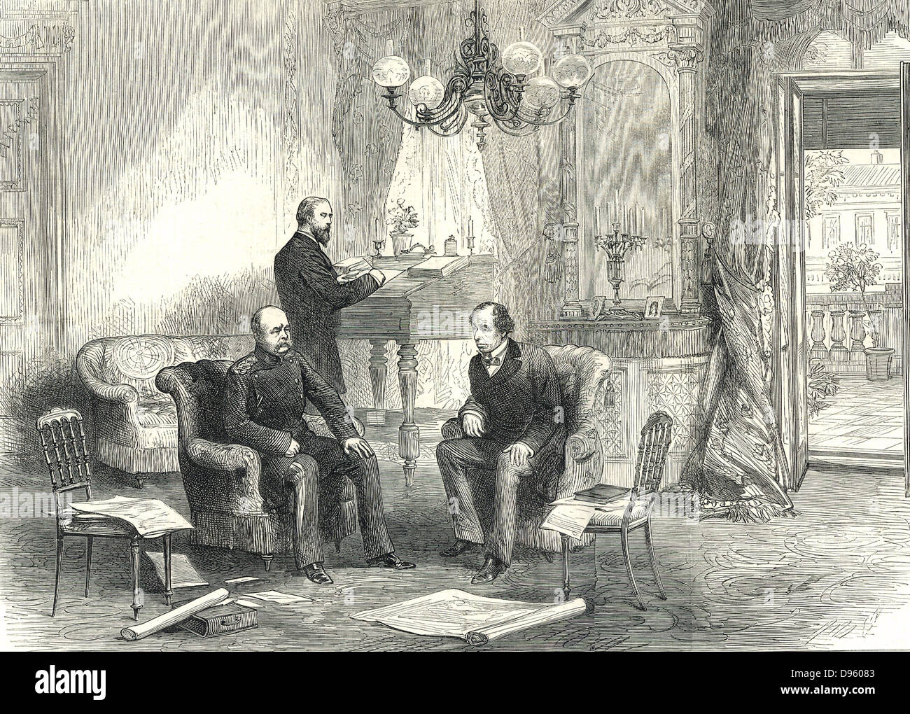 Il congresso di Berlino, 1878. Otto von Bismarck il Cancelliere tedesco, visitando il delegato britannico Lord Beaconsfield (Benjamin Disraeli) nell'Hotel Kaiserhof. Da 'l'Illustrated London News" (London,13 giugno 1878). Foto Stock
