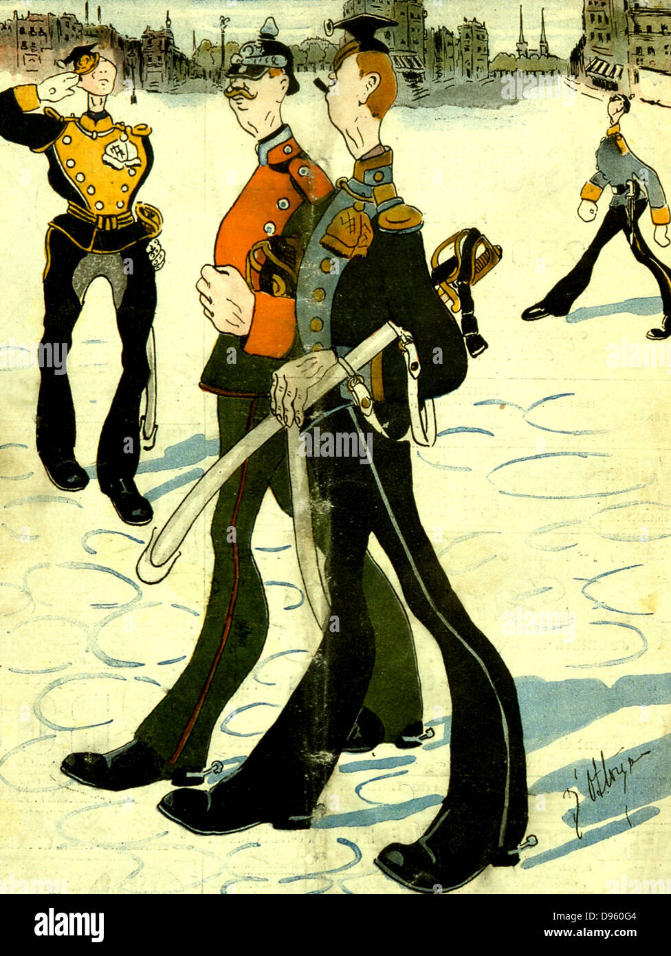 Il militarismo tedesco in Wilhelmine era: le differenze sociali in tedesco la gerarchia militare. L'imperatore prende il suo repast, ufficiali dine e soldati ordinari mangiare. Cartoon francese, 1904 Foto Stock