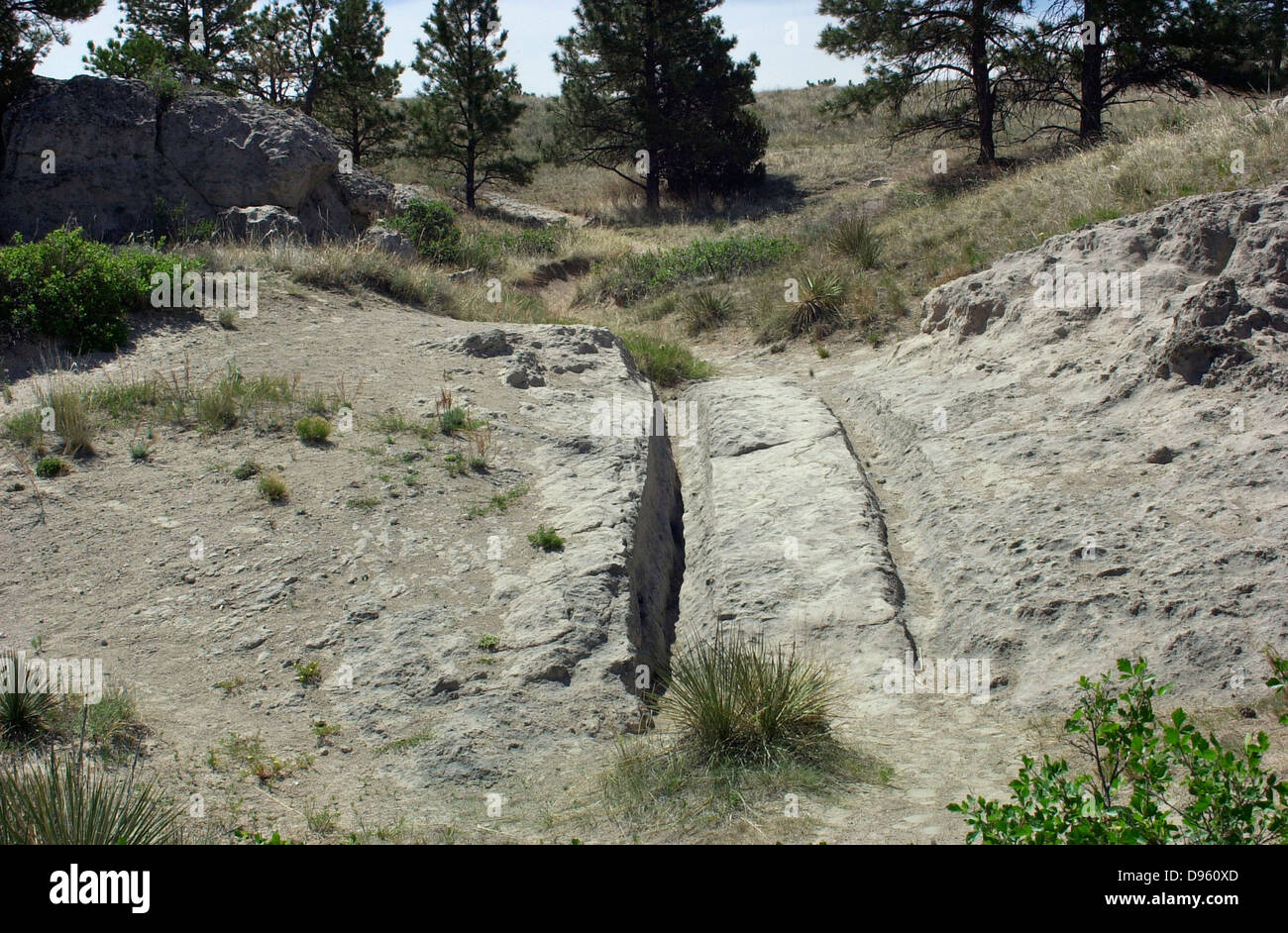 Oregon Trail solchi di usura nella roccia dai treni carro vicino a Guernsey, Wyoming. Fotografia digitale Foto Stock