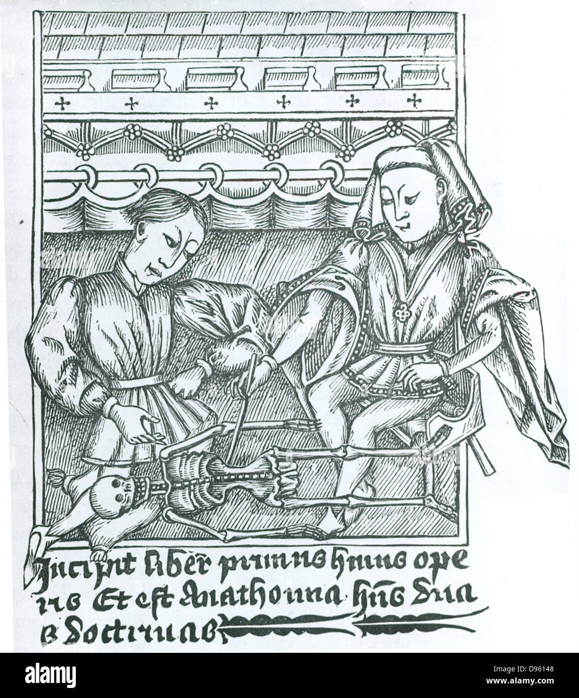 La lezione di anatomia. Incisione dopo un manoscritto dell'opera del chirurgo francese Guy de Chaulliac (c1300-1368). Foto Stock