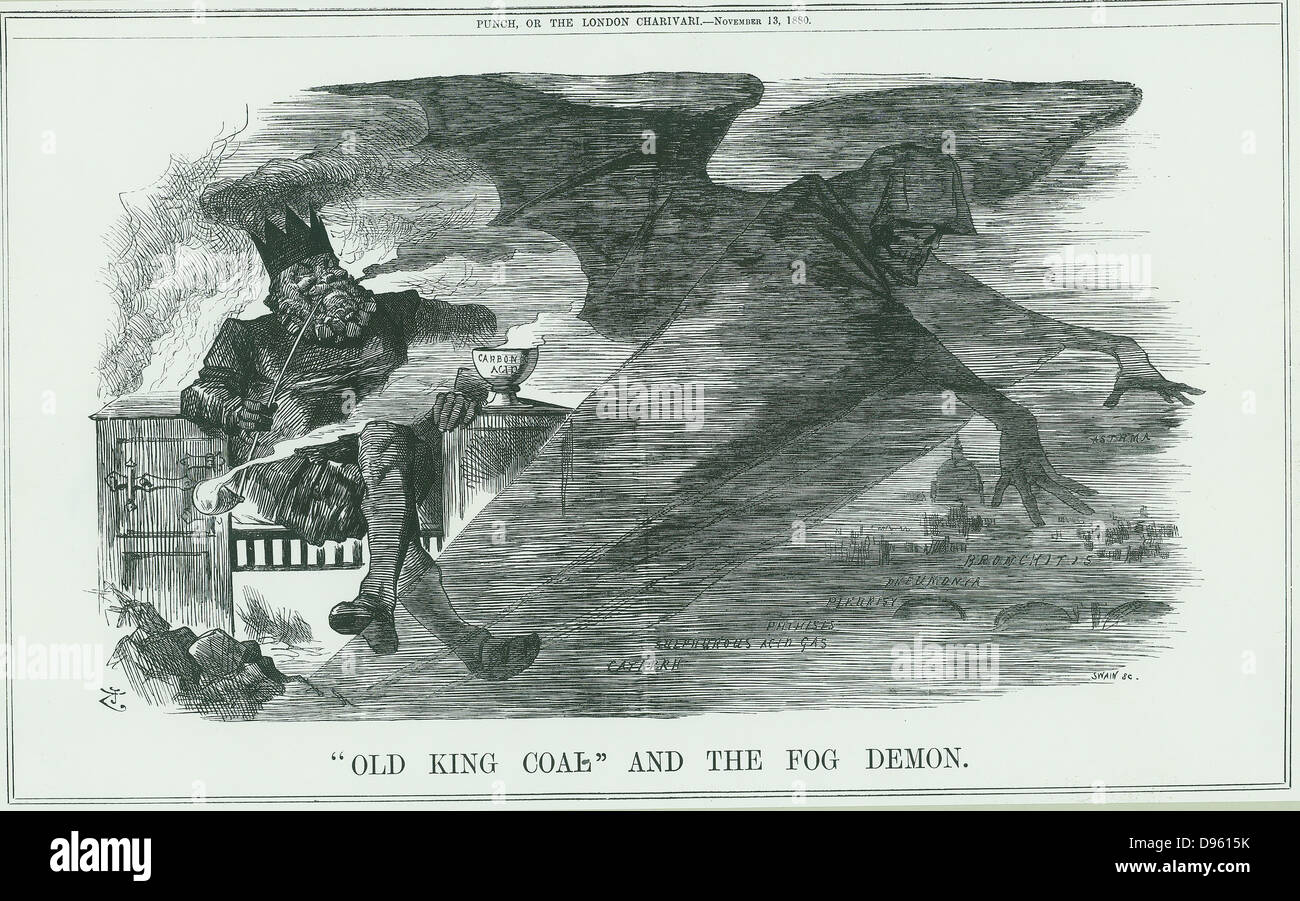 Effetti di masterizzazione "vecchio re carbone" su Londra. La velatura causato asma, bronchite, polmonite, Pleurisy,ecc. John Tenniel cartoon da 'Foratura', Londra, 1880. Foto Stock