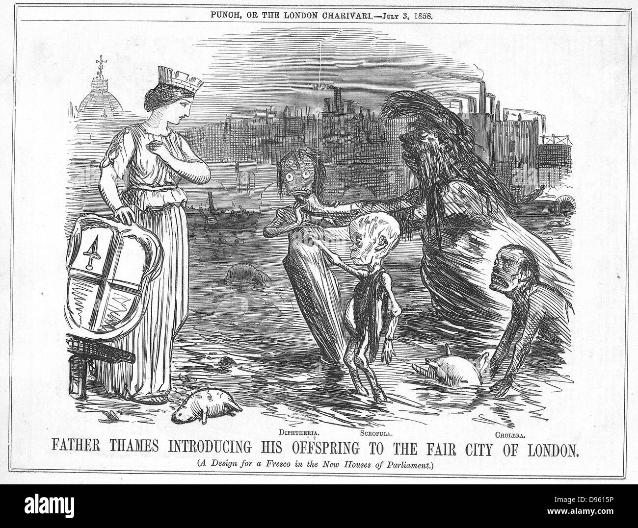 Padre Tamigi introducendo la sua prole per la città della Fiera di Londra', la discendenza essendo difterite, Scrofola e colera. Più un tombino aperto di un fiume, lo stato disgustoso del Tamigi a Londra. Cartone animato da 'Foratura', Londra, 1858. Foto Stock