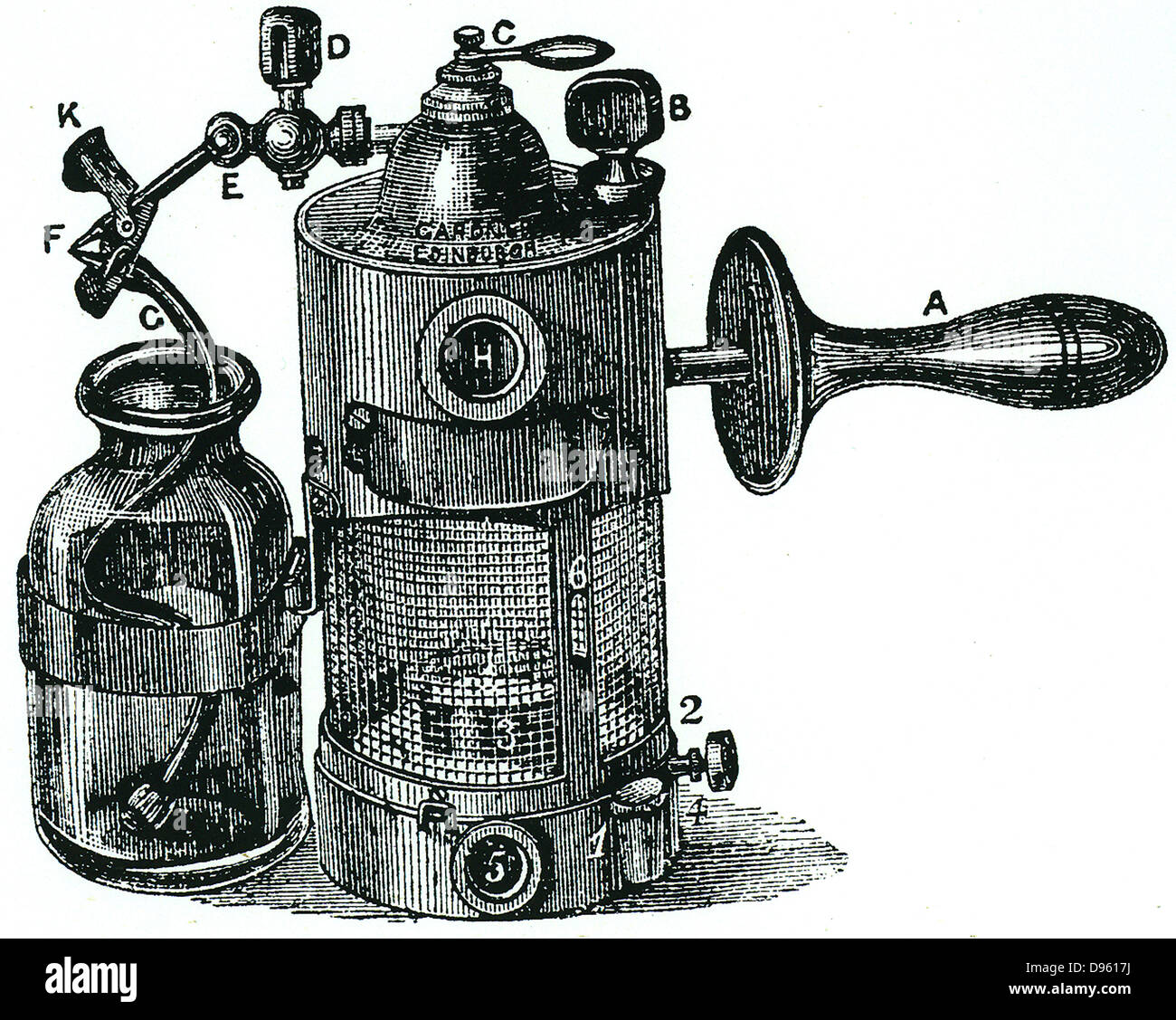 Il Lister di spruzzo di vapore. Questo soppiantato il suo "onkey " Motore spray e potrebbe riempire una stanza con vapore acqueo e vapore di fenico. Da Richman Goodlee "Signore lister", 1917. Foto Stock