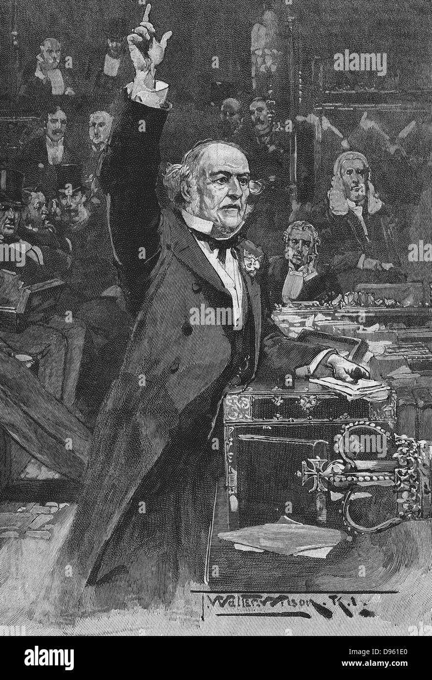 William Ewart Gladstone (1809-1898), liberale britannico statista, introducendo la sua casa regola bill per l'Irlanda in House of Commons, 1886. Incisione c1895. Foto Stock