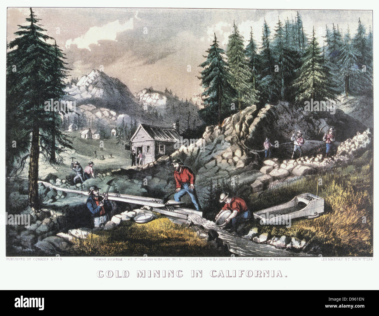 Miniere d'oro in California. Scene del 1849 Californian Gold Rush mostra cullano, panning, lavaggio con un 'lungo tom' e mineraria idraulica. Litografia colorata da Currier e Ives 1871. Foto Stock